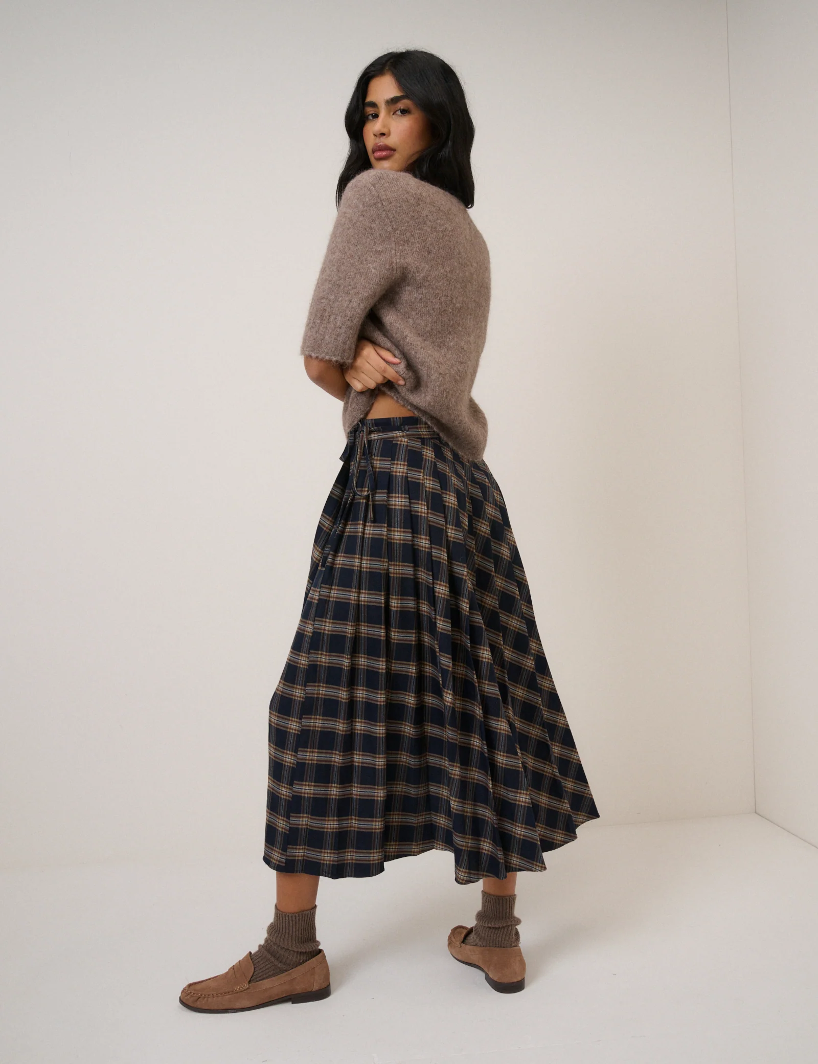 Navy Check Tailored Kilt Midi Skirt - Image 2