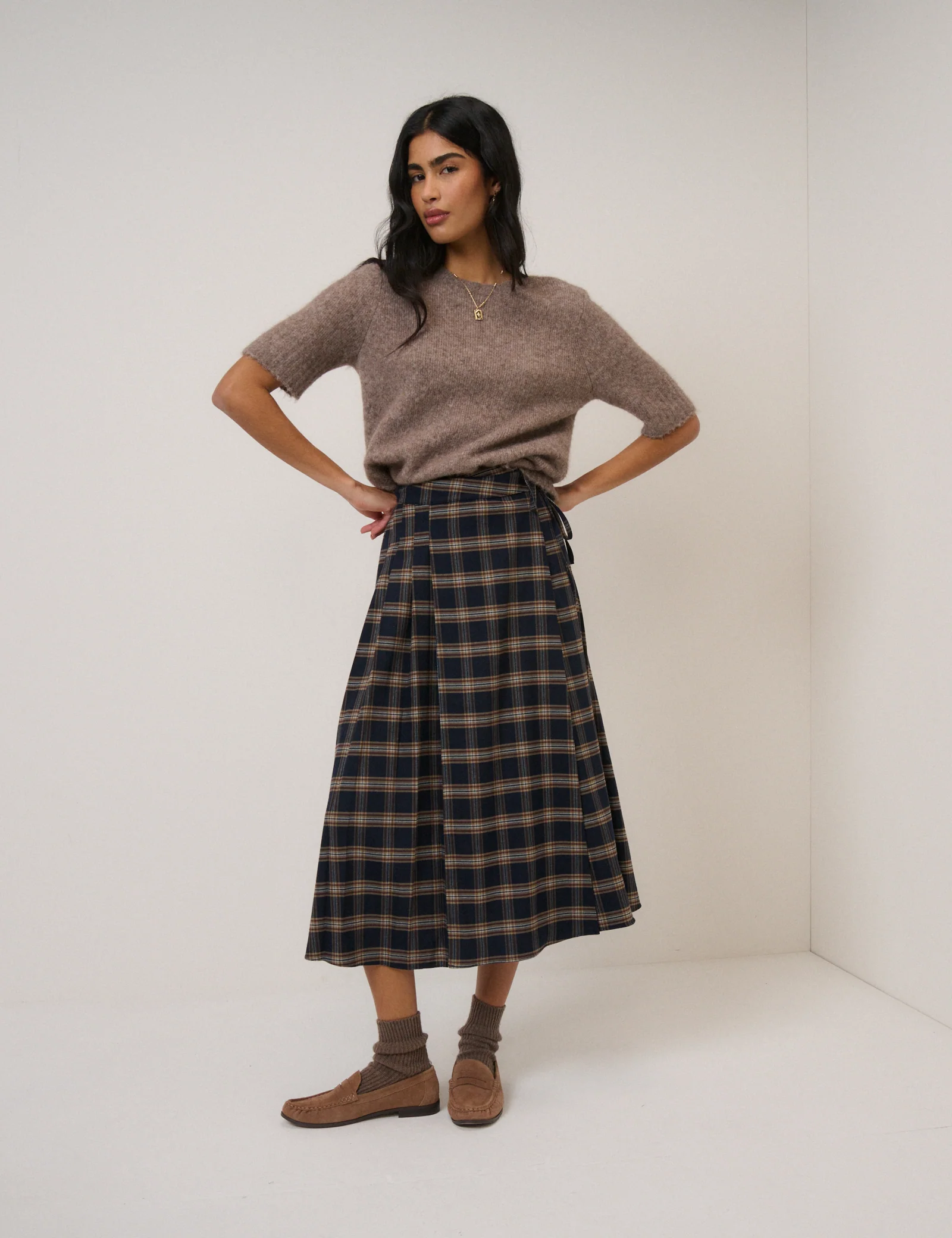 Navy Check Tailored Kilt Midi Skirt - Image 3