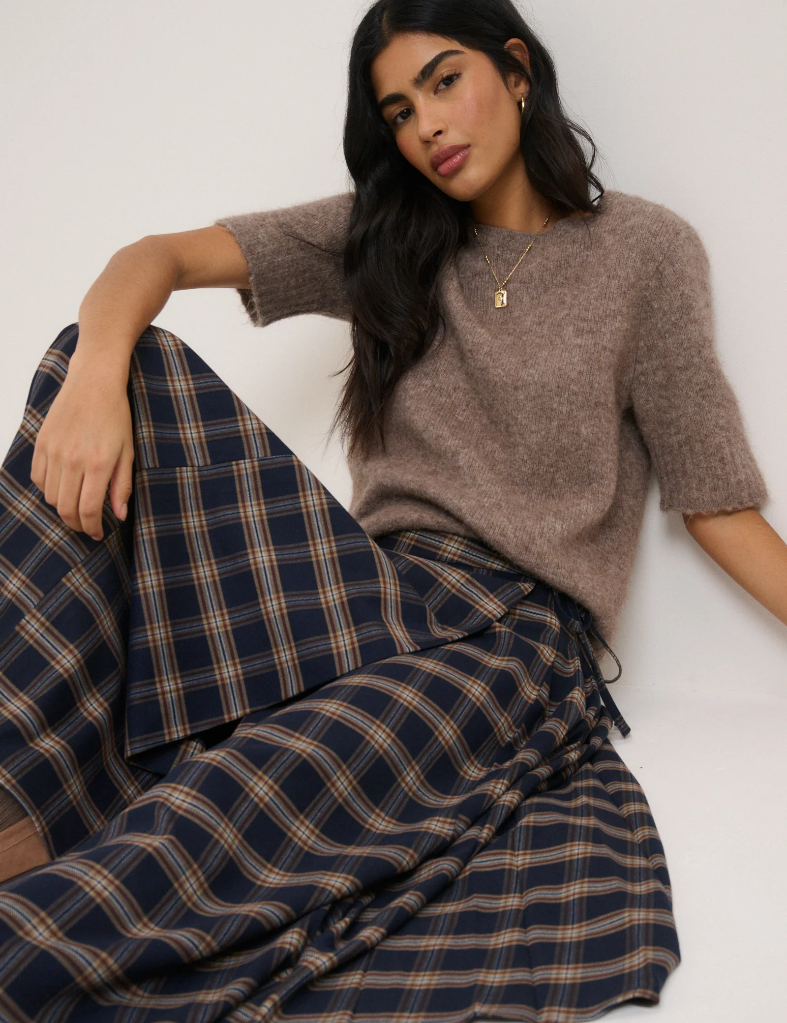 Navy Check Tailored Kilt Midi Skirt - Image 5