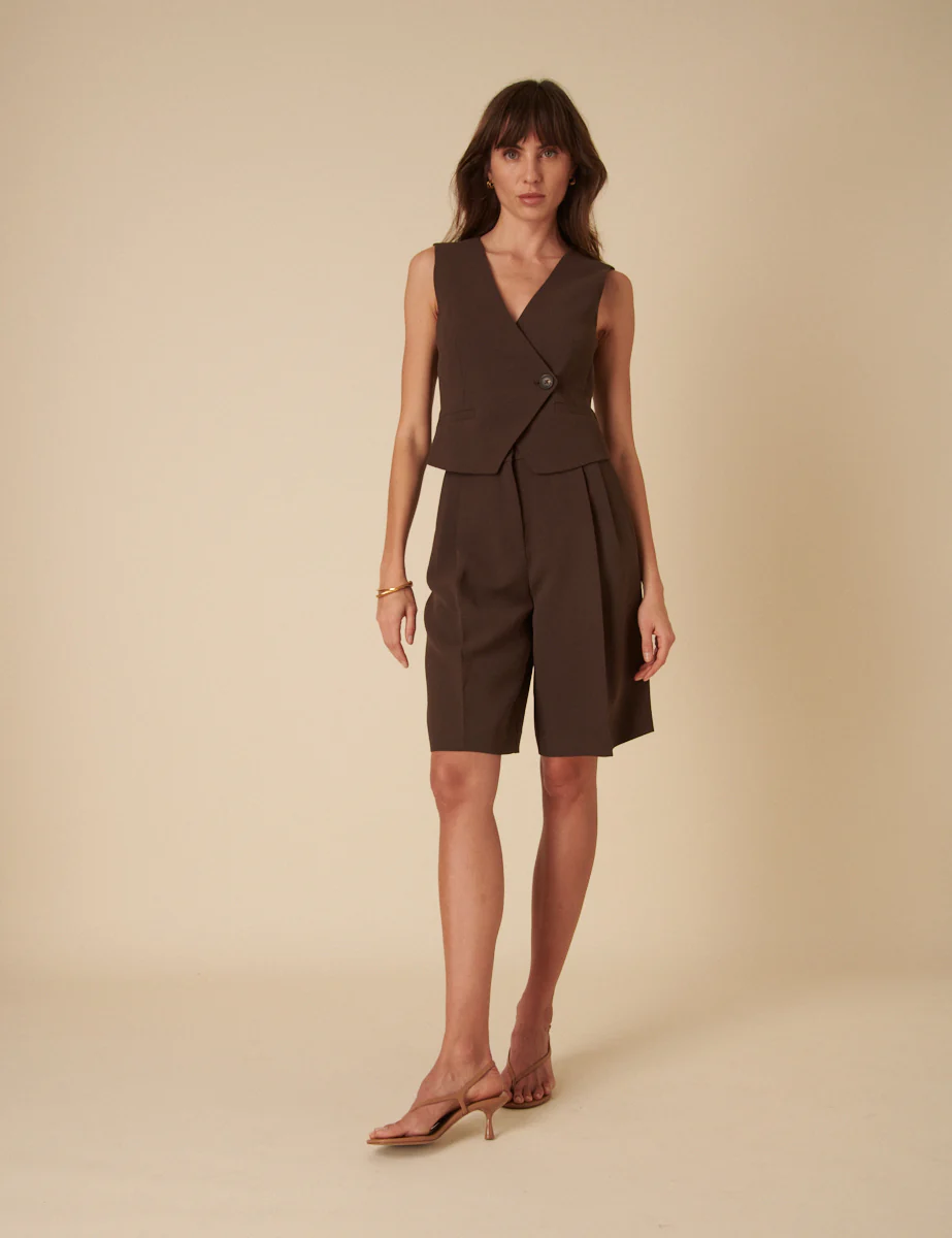 Chocolate Brown Double Pleated Bermuda Shorts