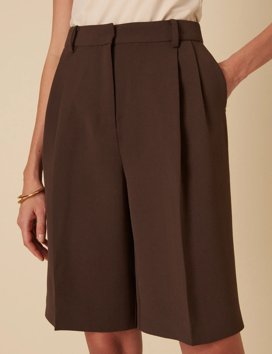 Chocolate Brown Double Pleated Bermuda Shorts - Image 2