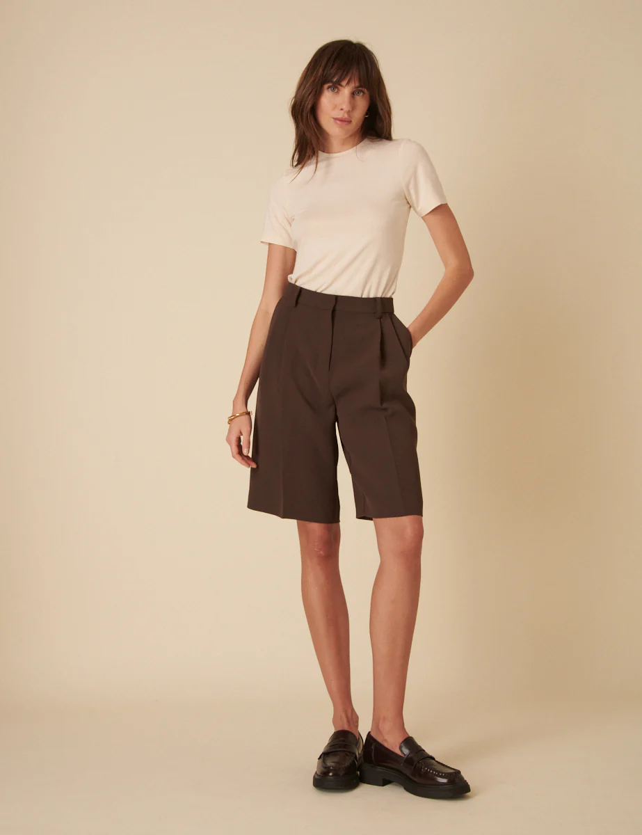 Chocolate Brown Double Pleated Bermuda Shorts - Image 3
