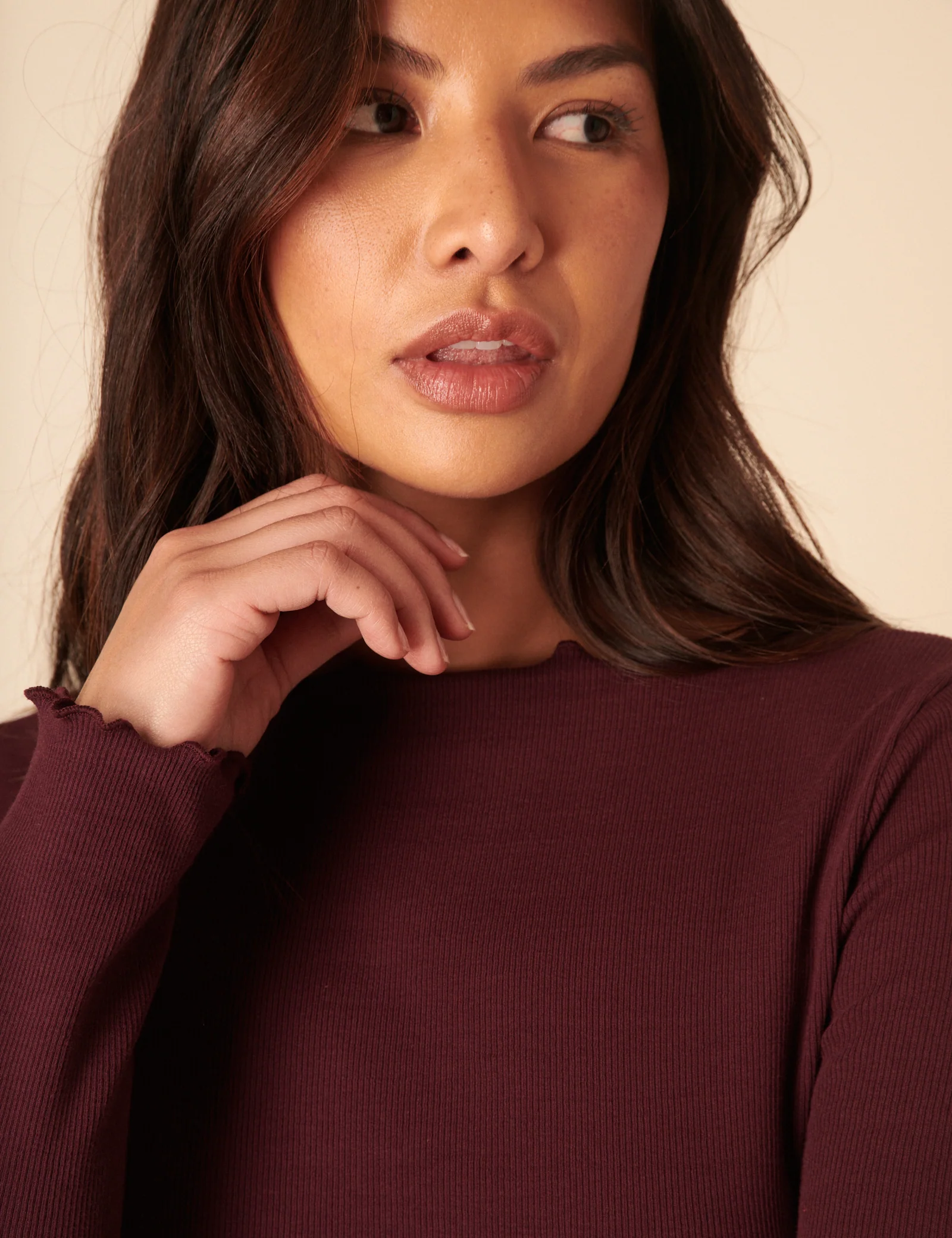 Burgundy Boat Neck Frill Ribbed Top - Image 2