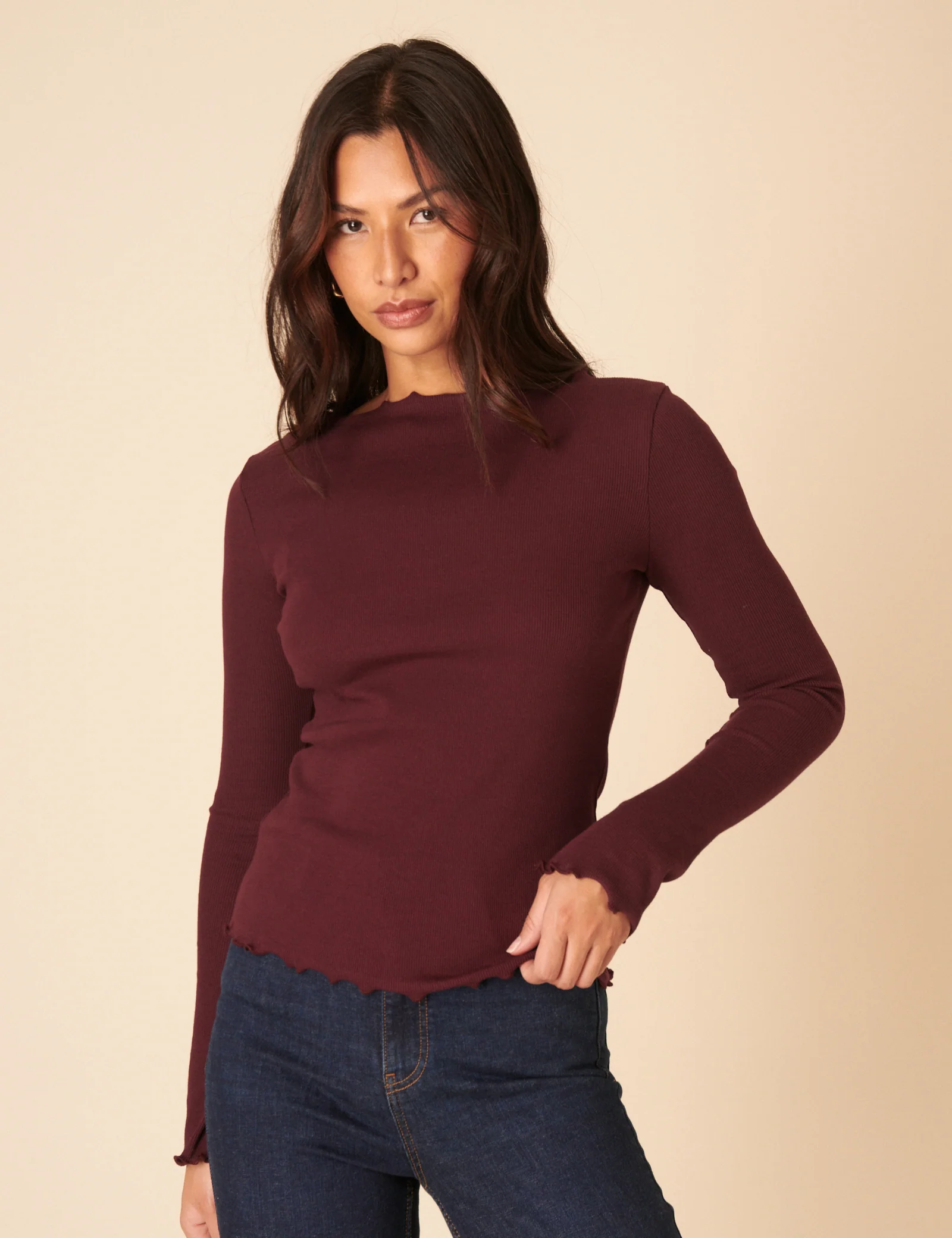 Burgundy Boat Neck Frill Ribbed Top - Image 3