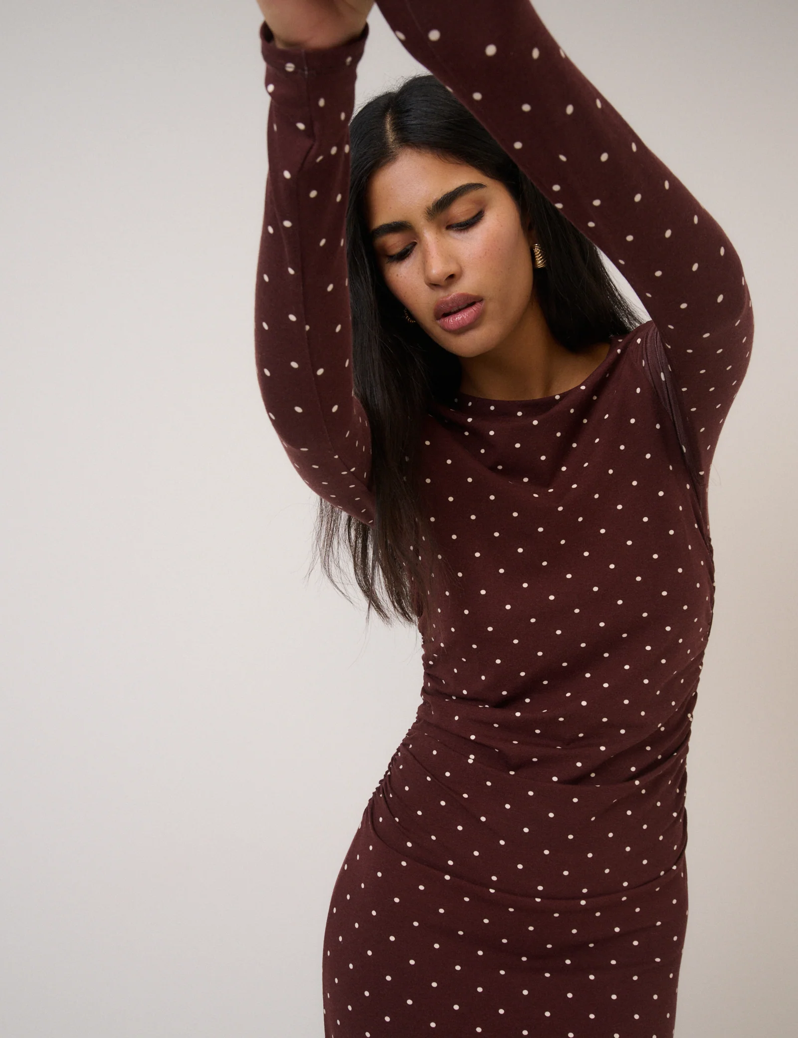 Chocolate Brown Polka Dot Laurella Midi Dress - Image 3