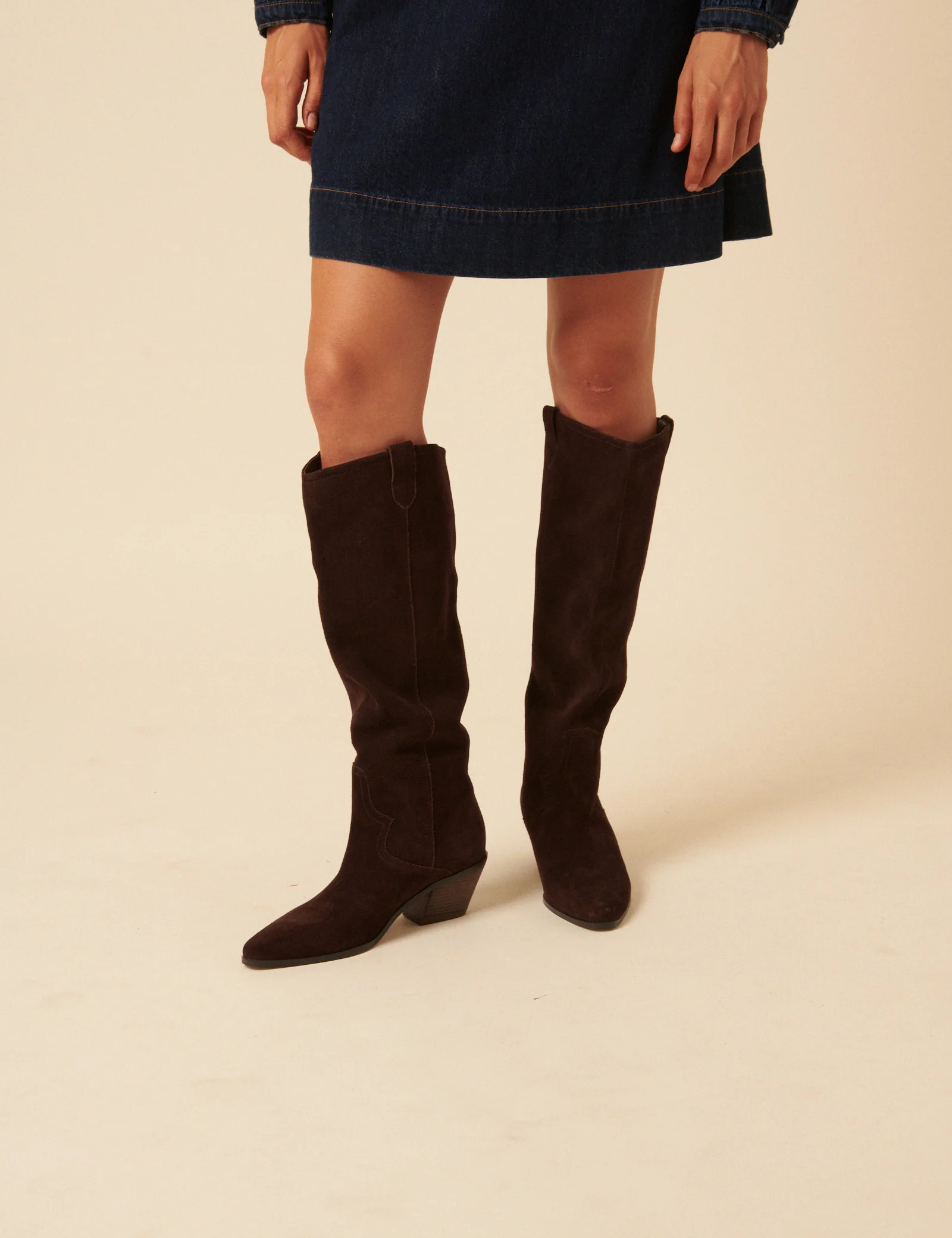 Chocolate Brown Suede Western Knee High Boots - Image 3