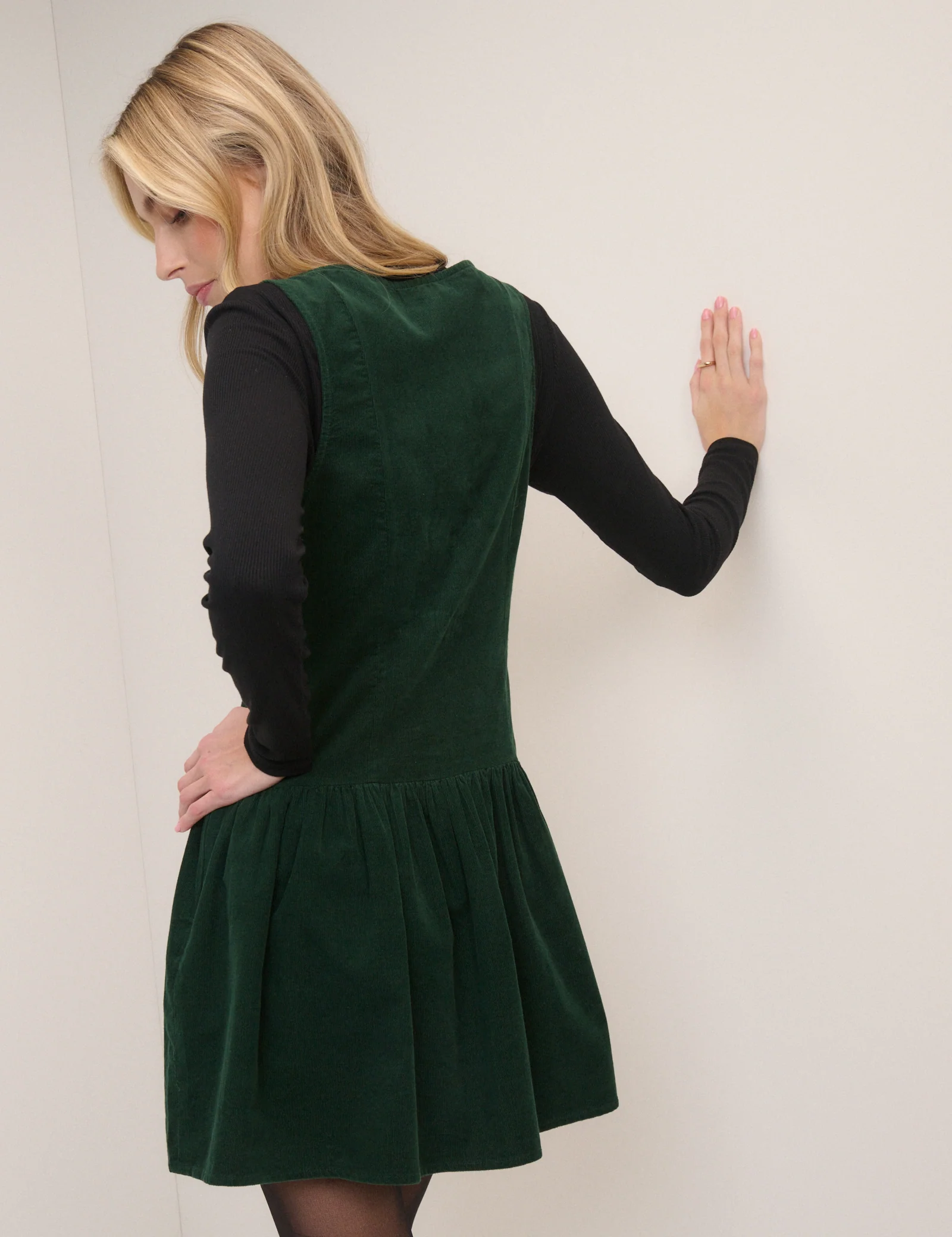 Forest Green Cord Claudia Mini Pinafore Dress - Image 3