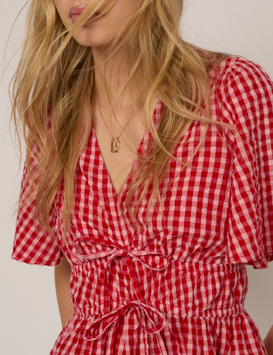 Red V Neck Gingham Cordelia Top - Image 3