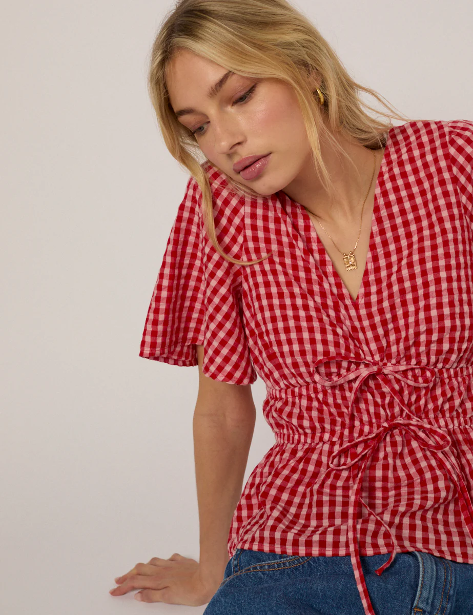 Red V Neck Gingham Cordelia Top - Image 4