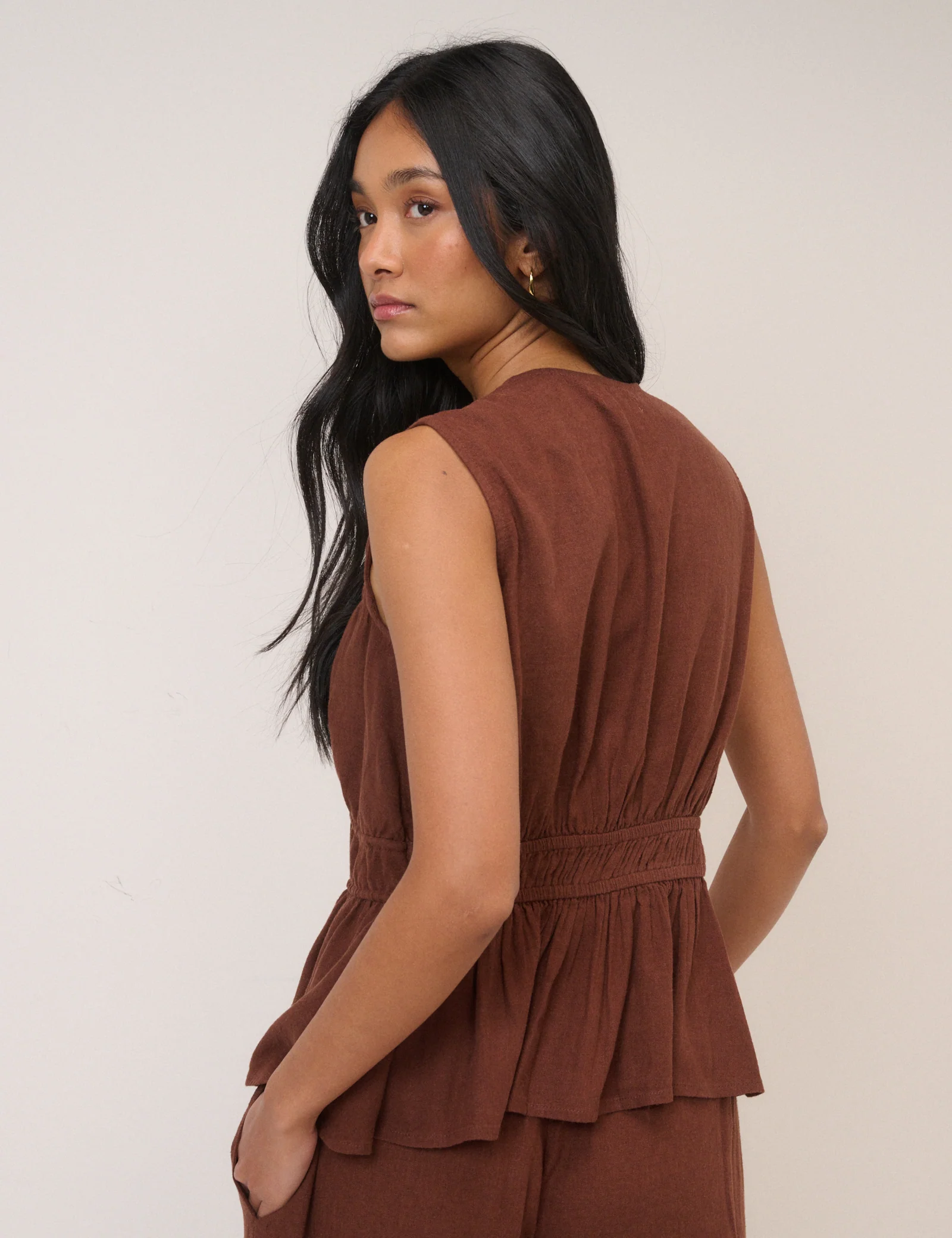 Brown Cordie Ruched Tie Front Top - Image 5