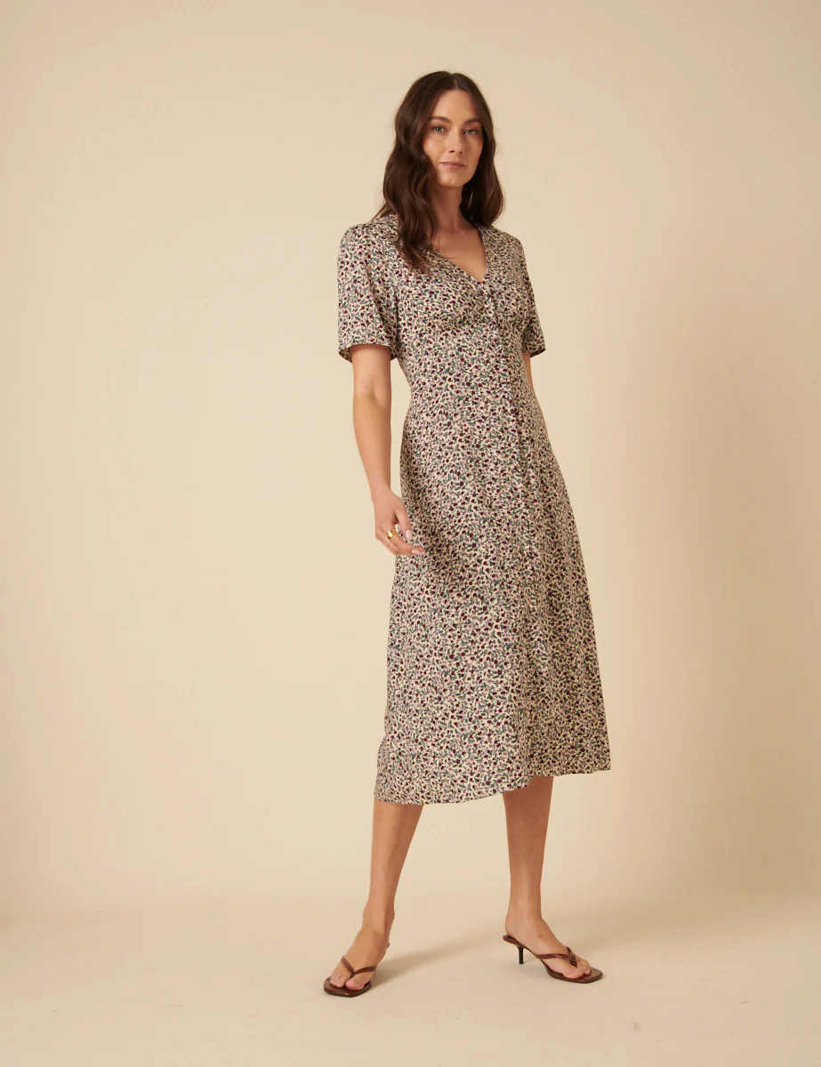 Cream Ditsy Floral Alexa Midi Dress