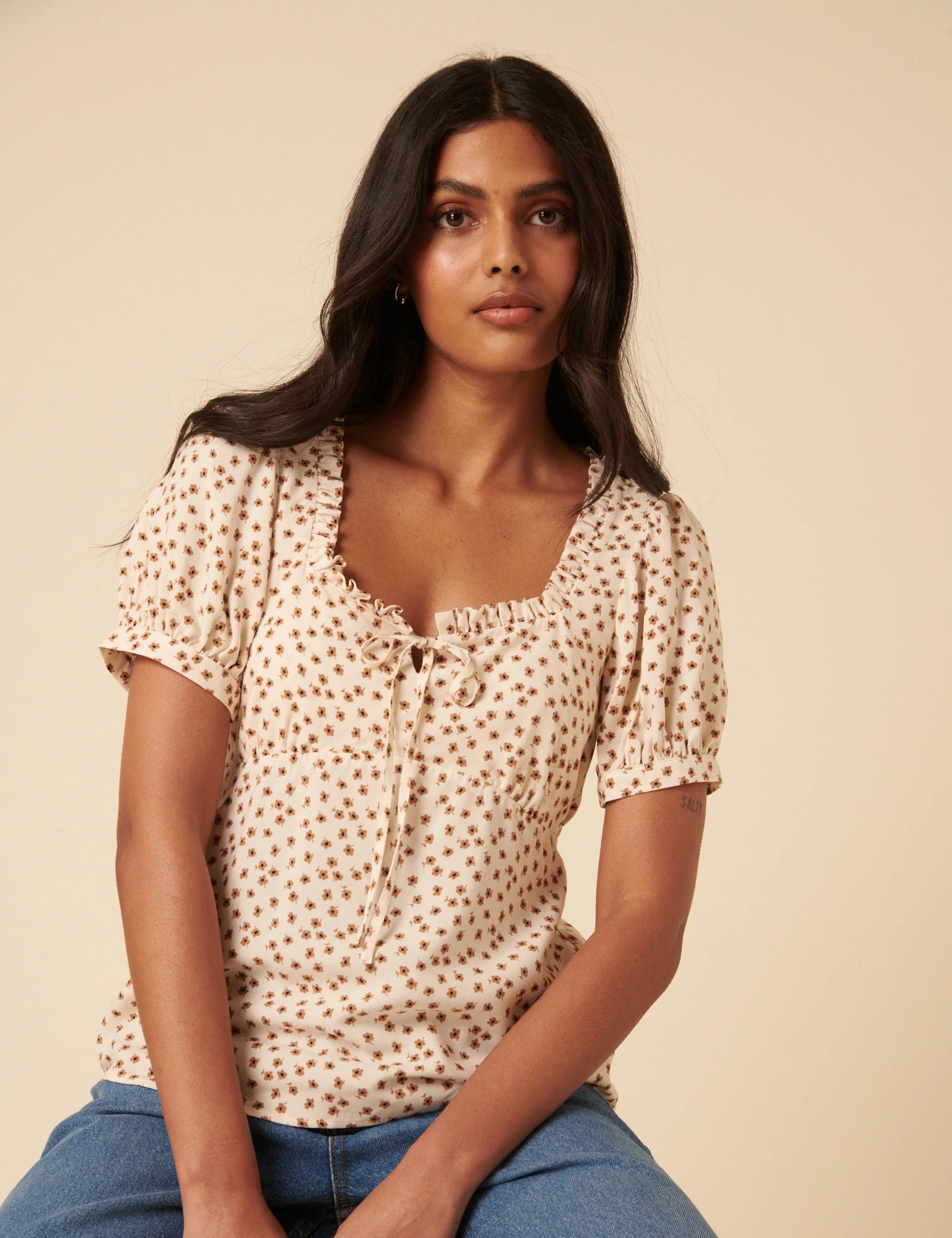 Cream Ditsy Floral Puff Sleeve Blouse - Image 3