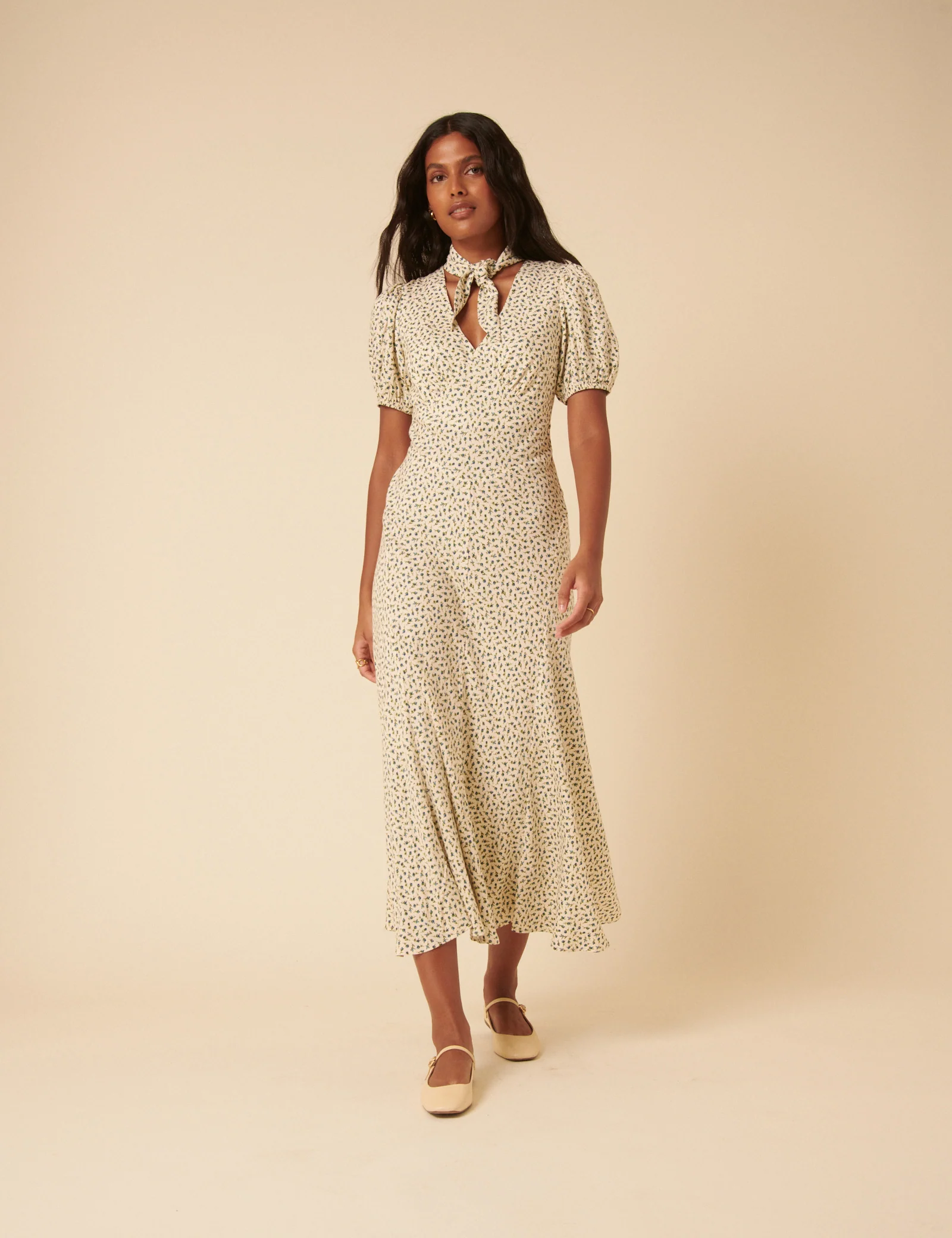 Cream Ditsy Floral Tie Neck Sadie Midi Dress