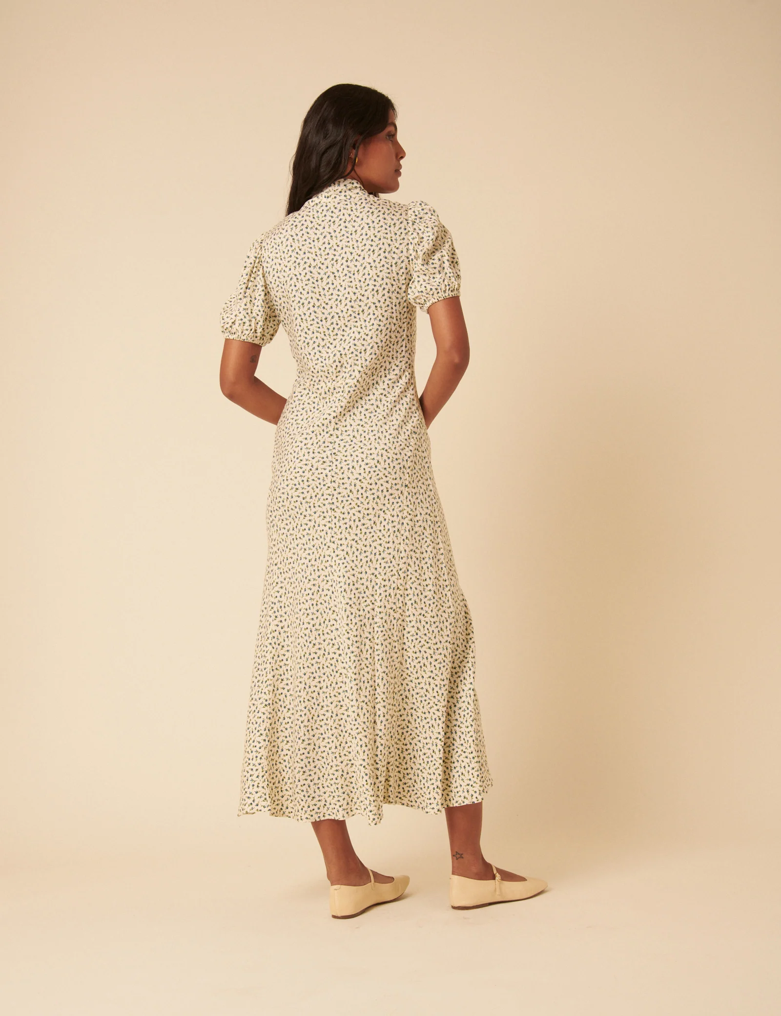Cream Ditsy Floral Tie Neck Sadie Midi Dress - Image 5