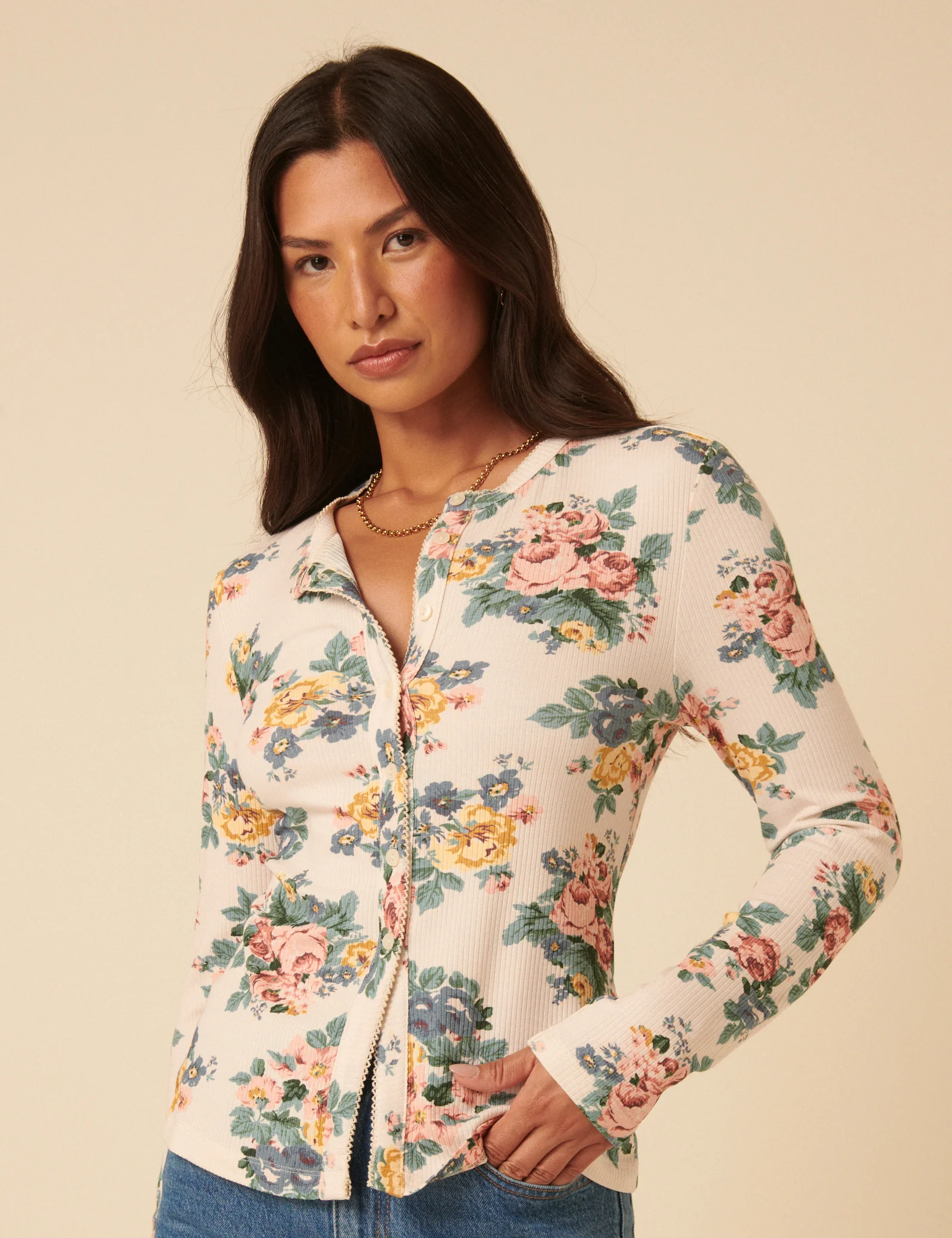 Cream Floral Printed Cardigan - Image 3