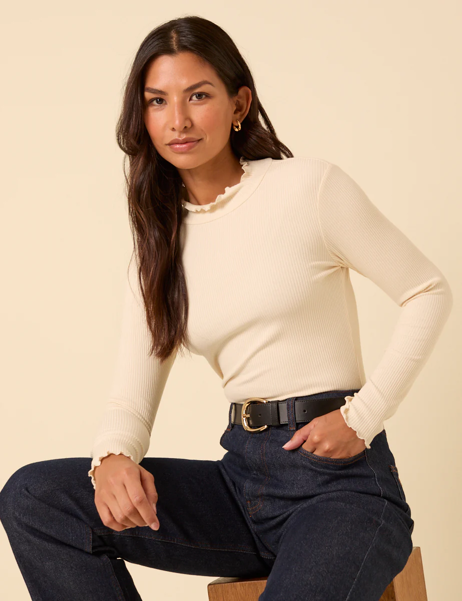 Cream Ribbed Funnel Neck Long Sleeve Top - Image 3