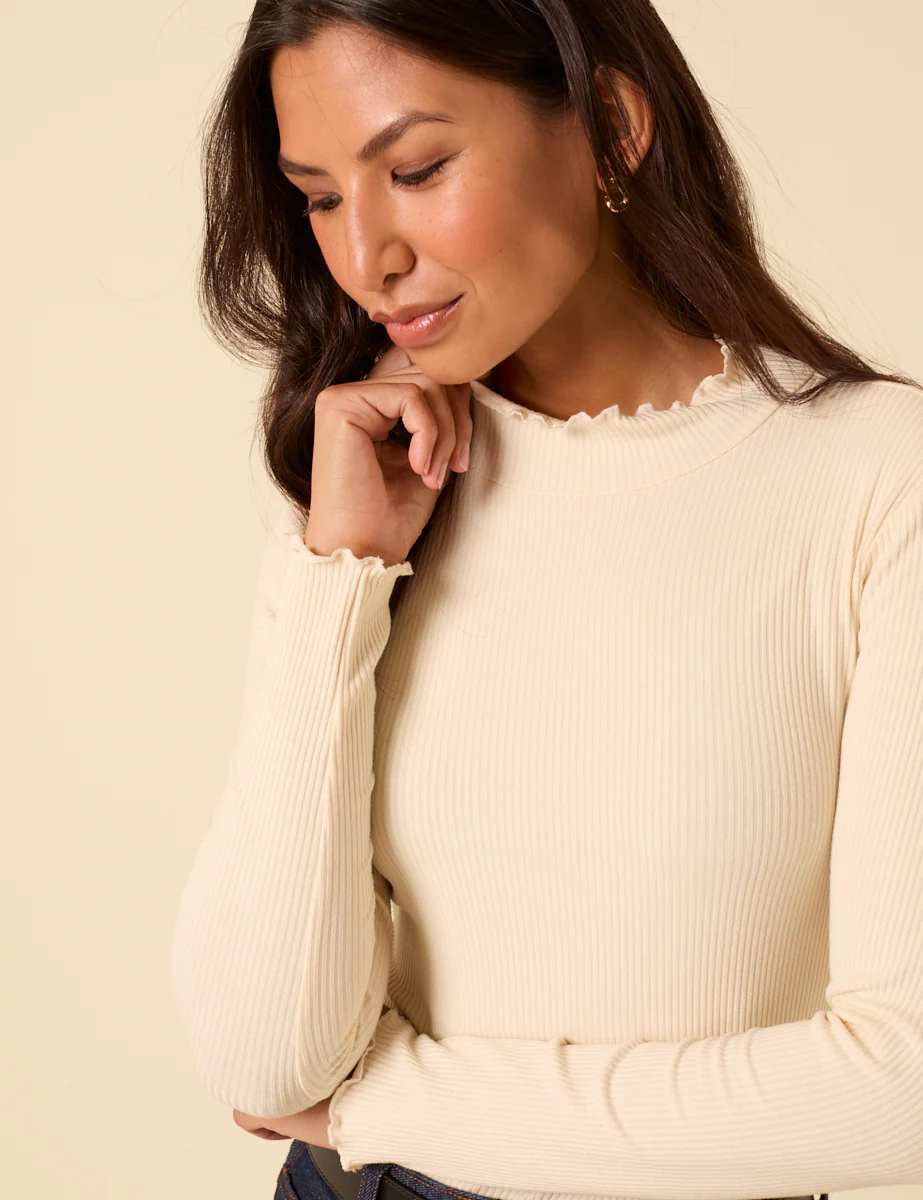 Cream Ribbed Funnel Neck Long Sleeve Top - Image 4