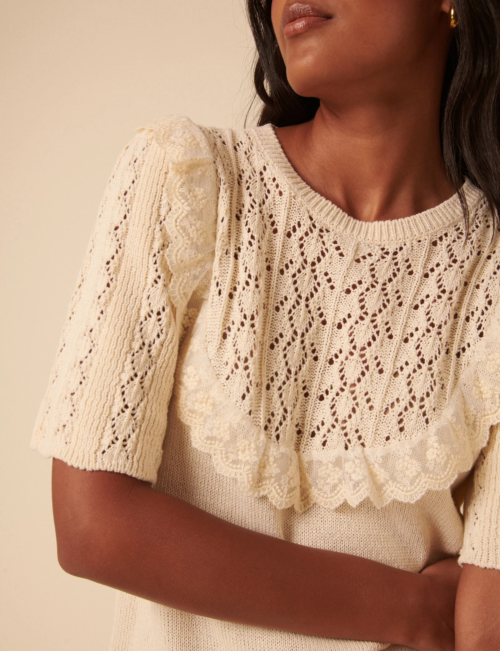 Cream Pointelle Knitted Top - Image 2