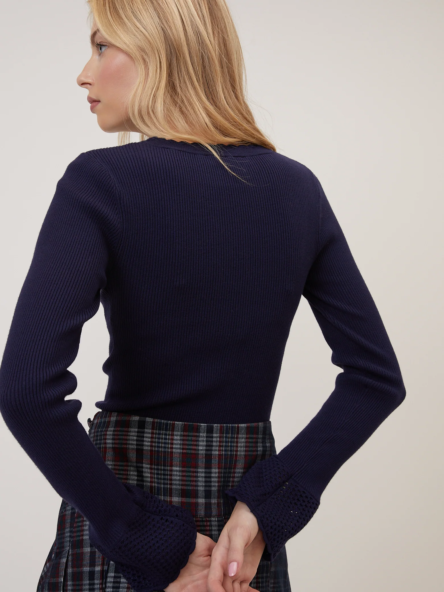 Navy Crochet Trim Knitted Top - Image 6