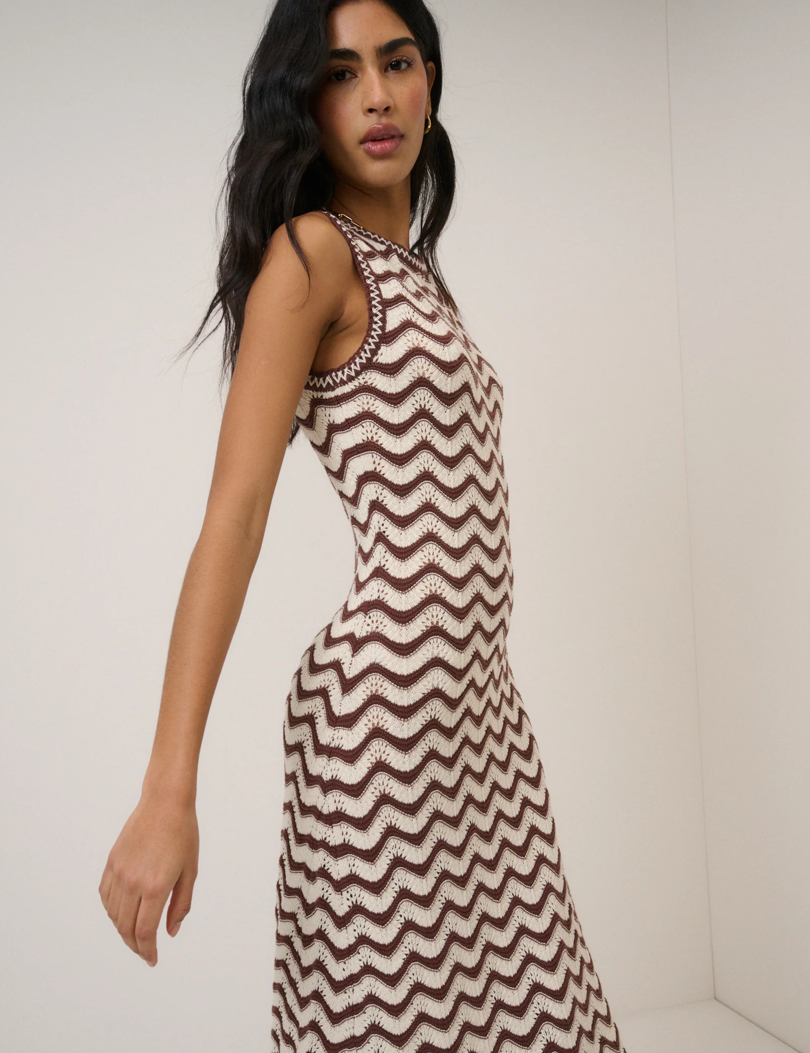 Cream And Brown Crochet Knitted Midi Dress - Image 3