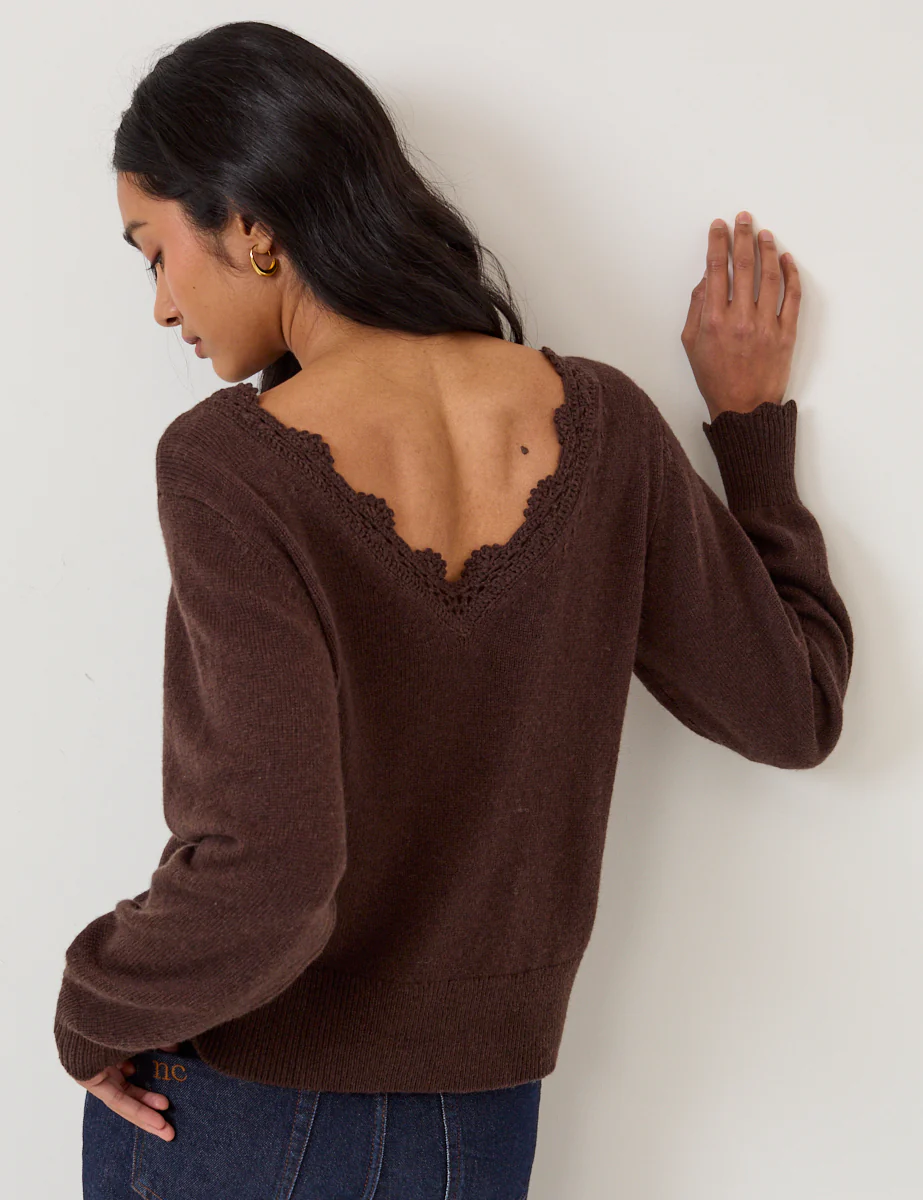 Chocolate Brown Crochet Trim V-Neck Jumper - Image 3