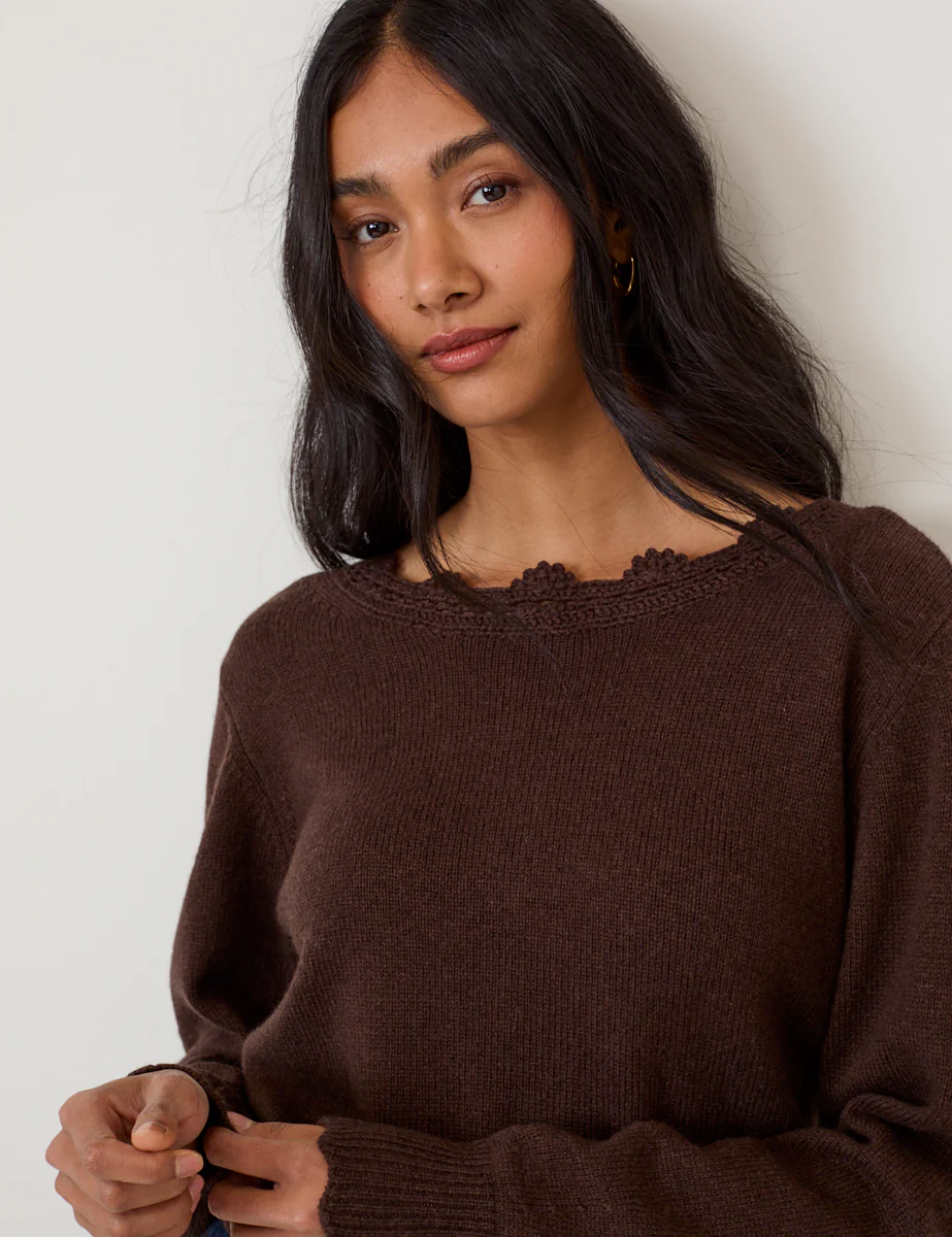 Chocolate Brown Crochet Trim V-Neck Jumper - Image 5