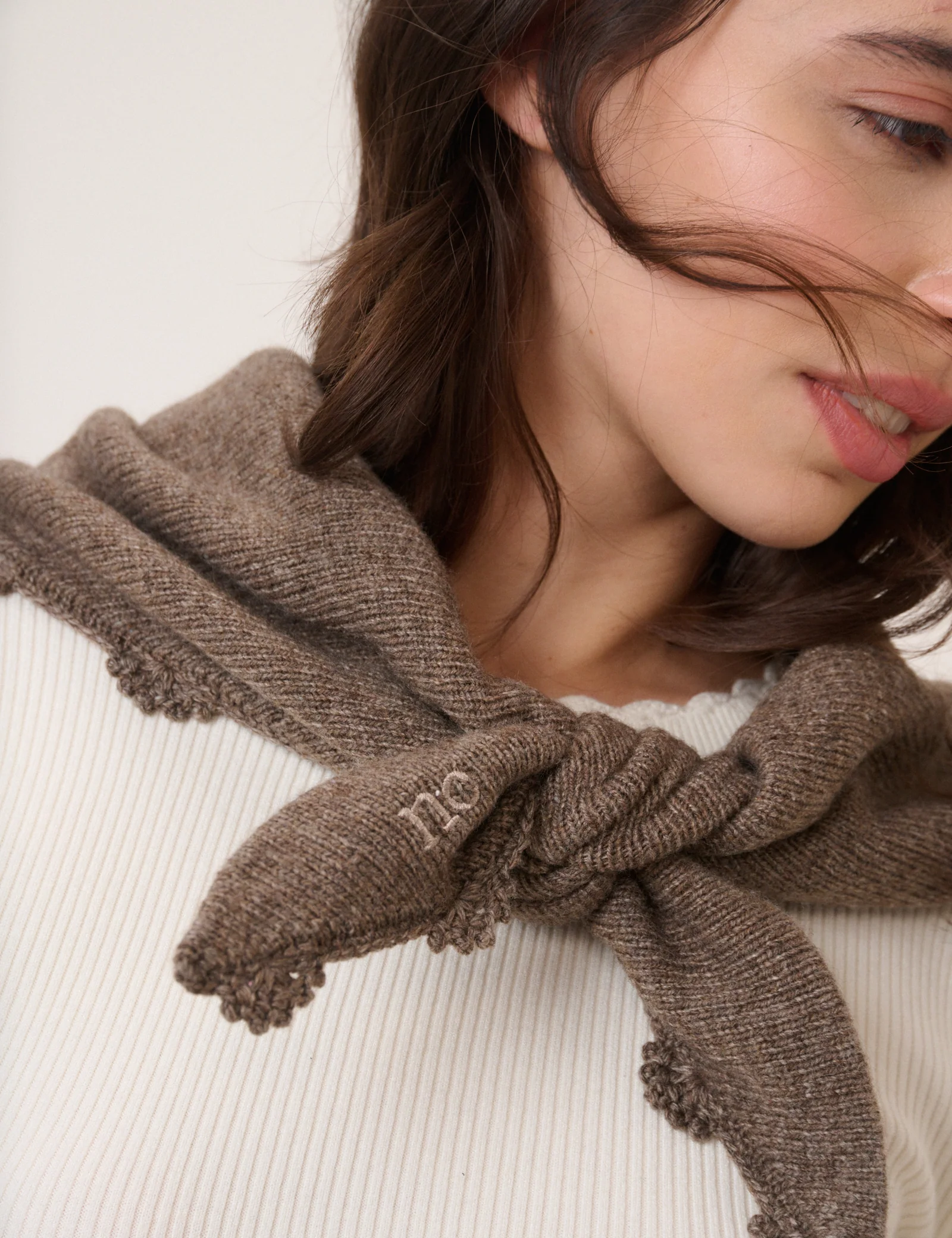 Brown Crochet Trim Triangle Scarf - Image 3