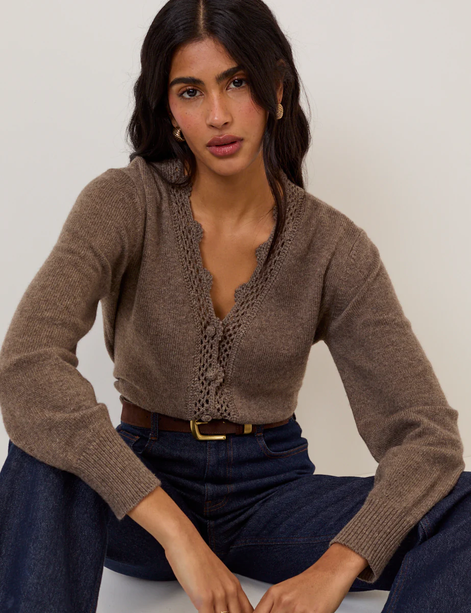 Brown Wool Blend Crochet Trim V-Neck Cardigan - Image 3