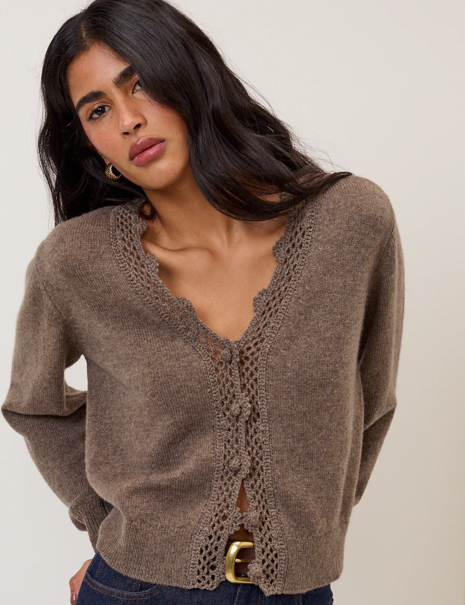 Brown Wool Blend Crochet Trim V-Neck Cardigan - Image 4