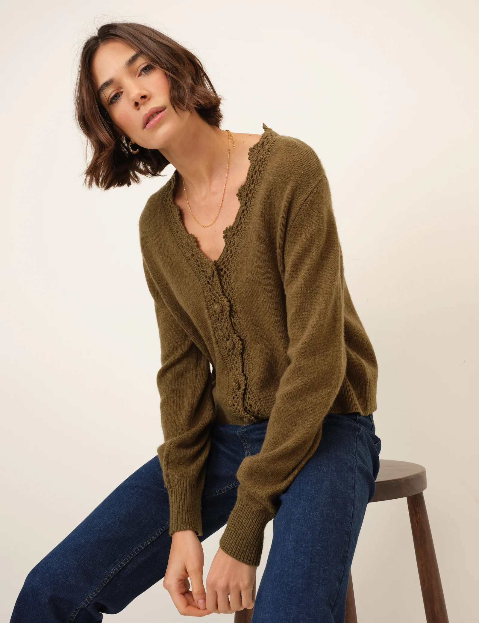 Green Wool Blend Crochet Trim V Neck Cardigan - Image 3
