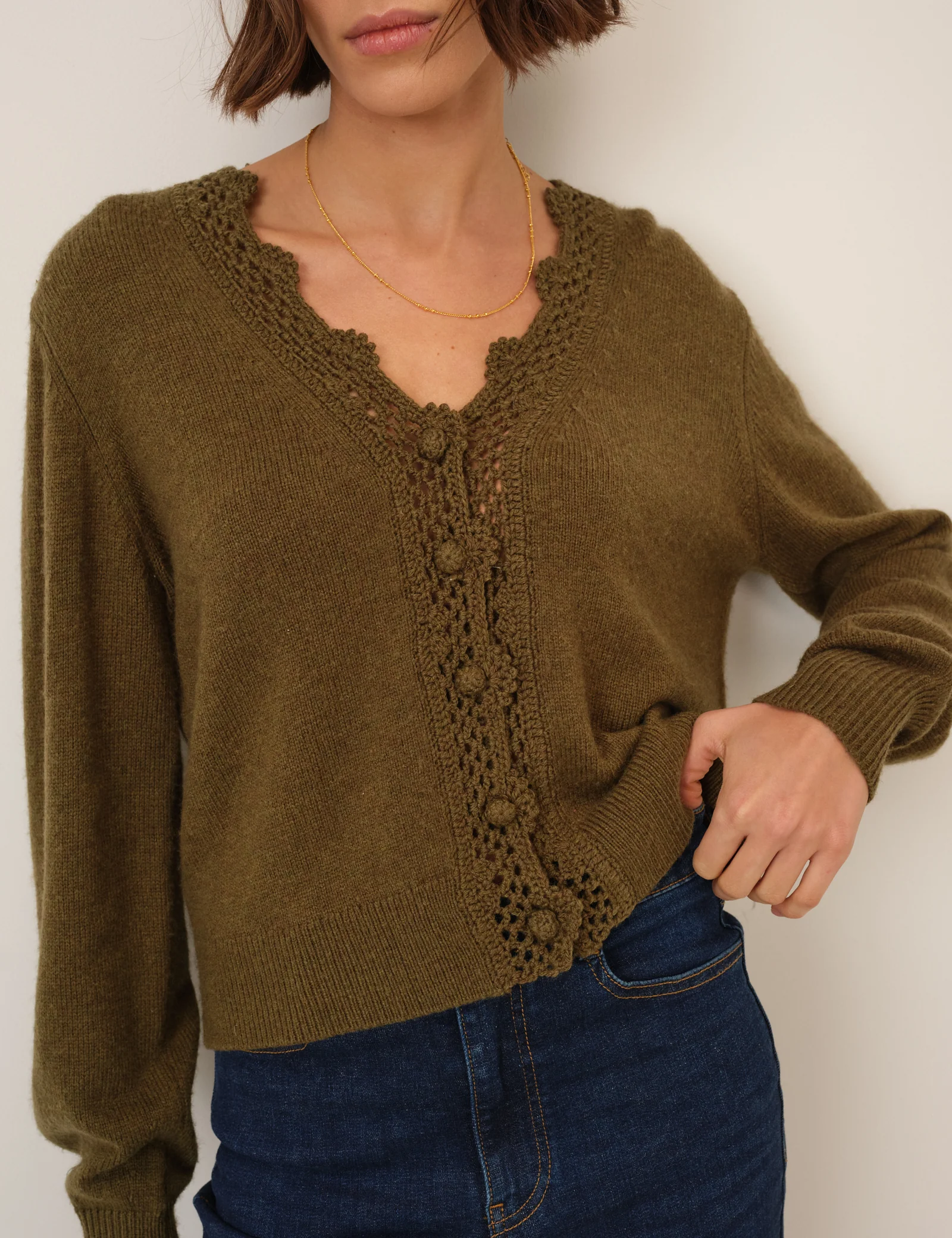 Green Wool Blend Crochet Trim V Neck Cardigan - Image 4