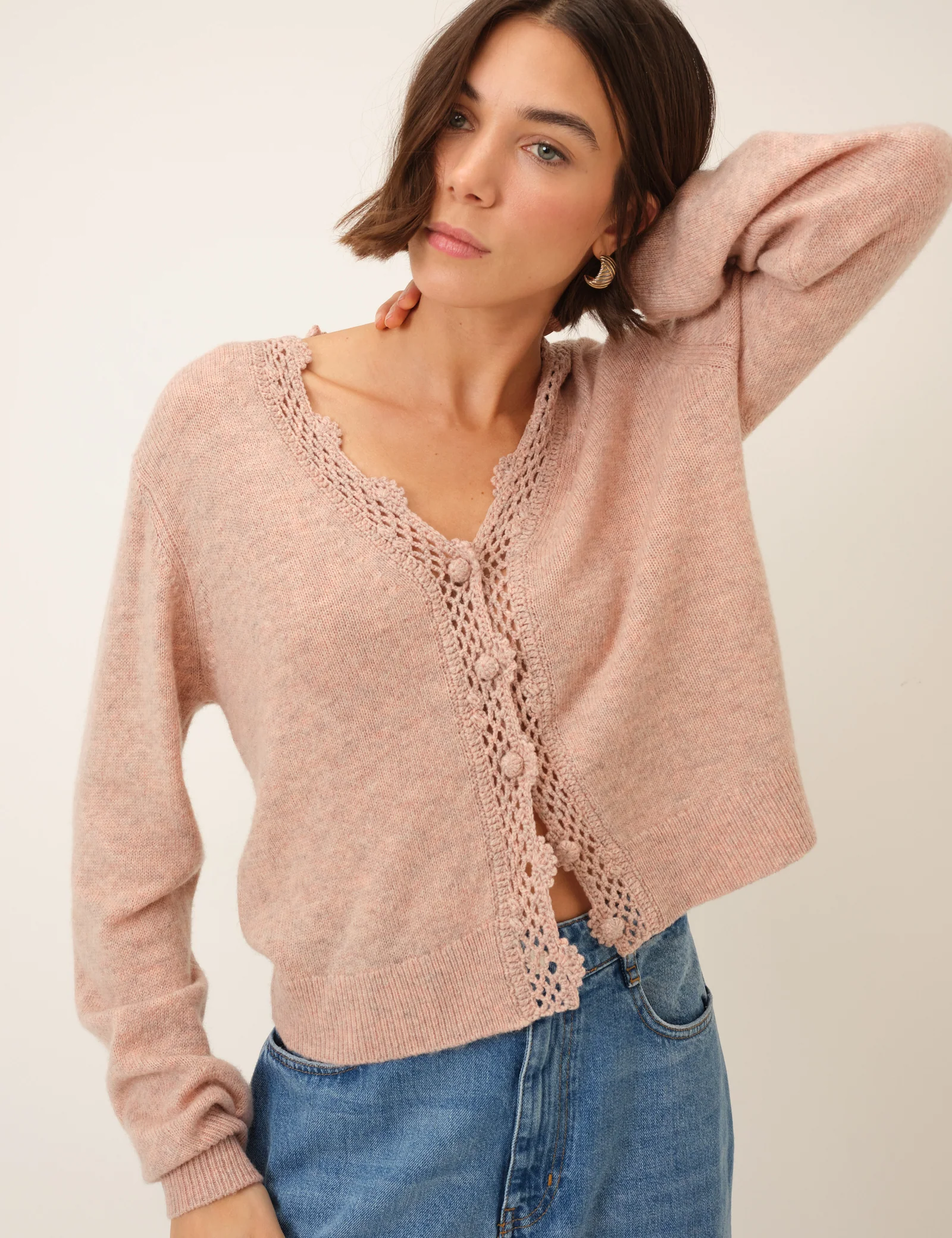 Pink Crochet Trim V Neck Cardigan - Image 4