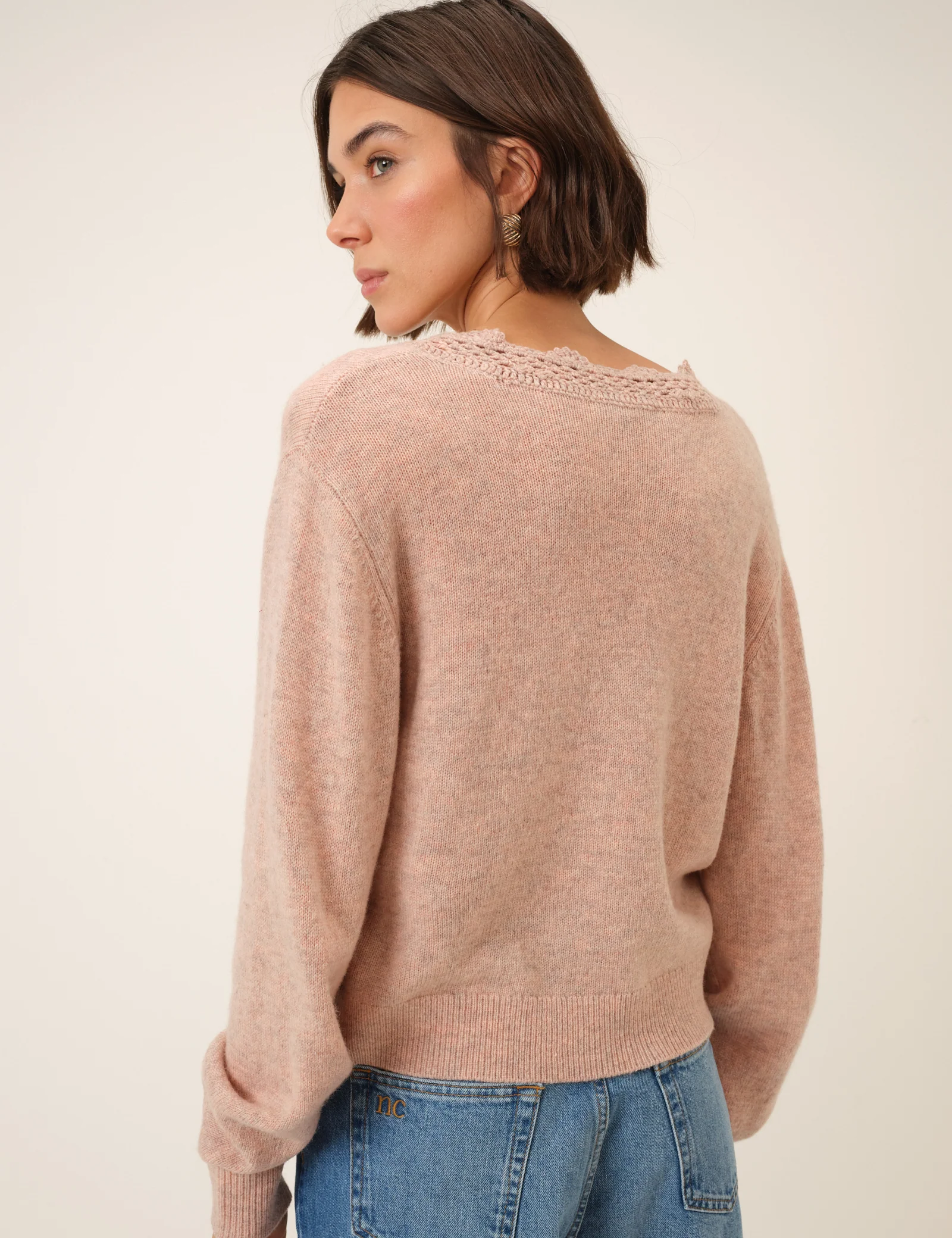Pink Crochet Trim V Neck Cardigan - Image 5