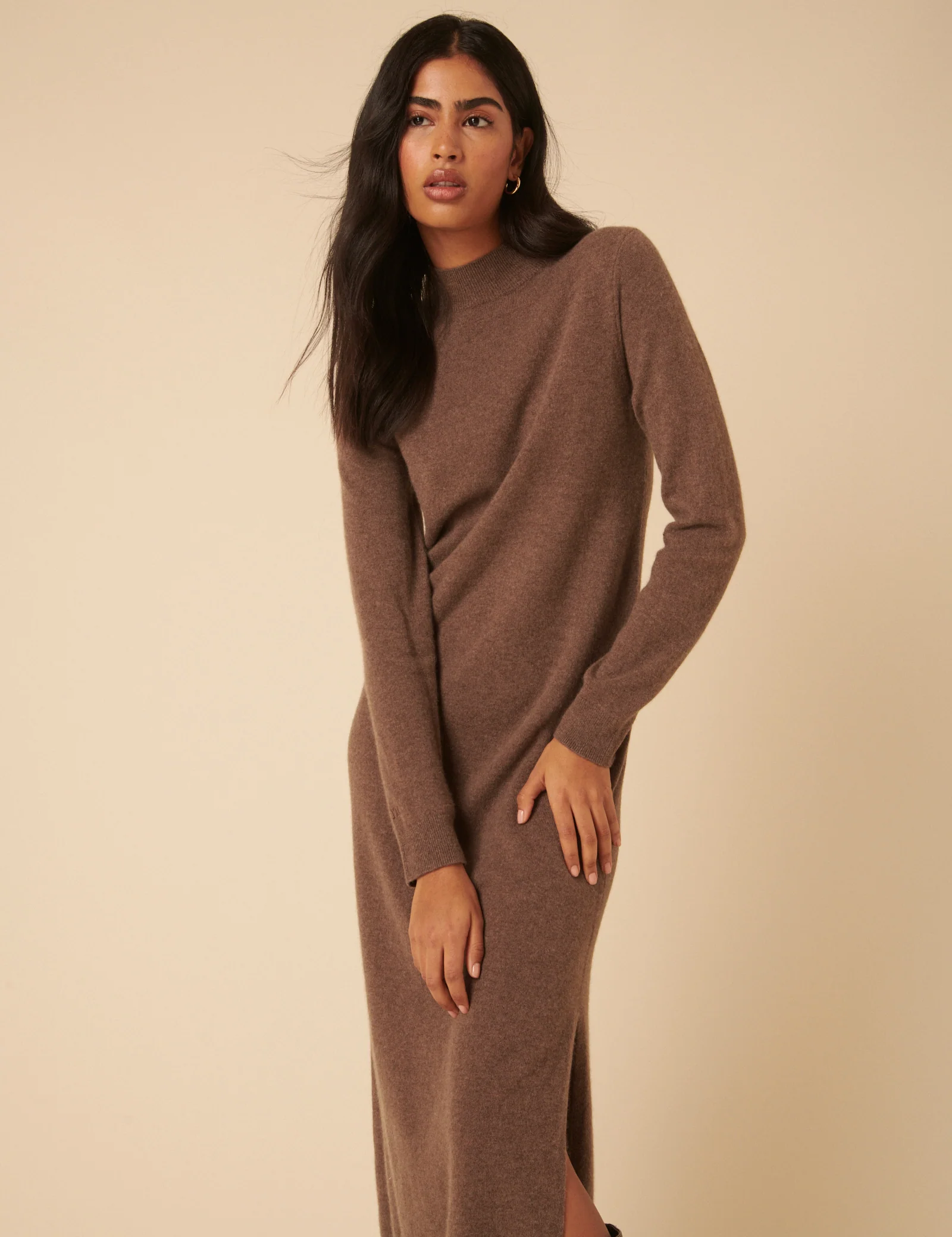 Dark Beige Cashmere Funnel Neck Midi Dress - Image 3