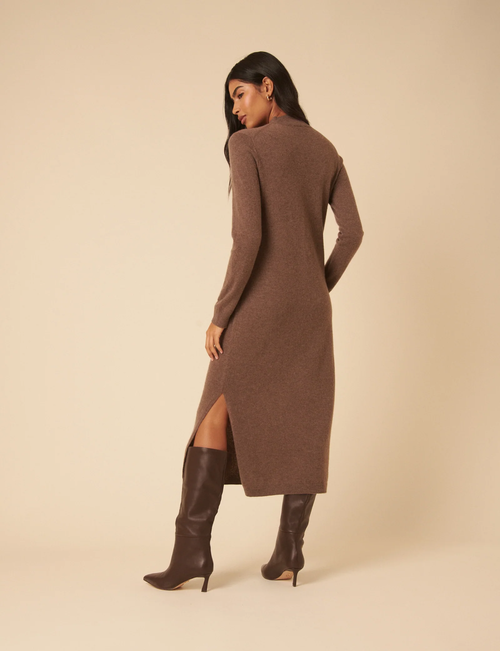Dark Beige Cashmere Funnel Neck Midi Dress - Image 4