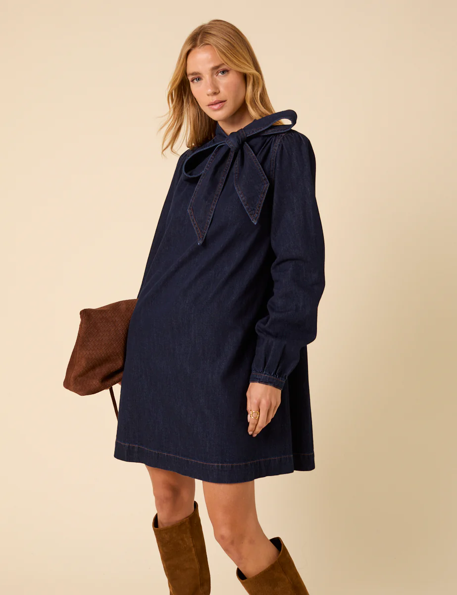 Dark Denim Bow Willow Mini Dress - Image 3