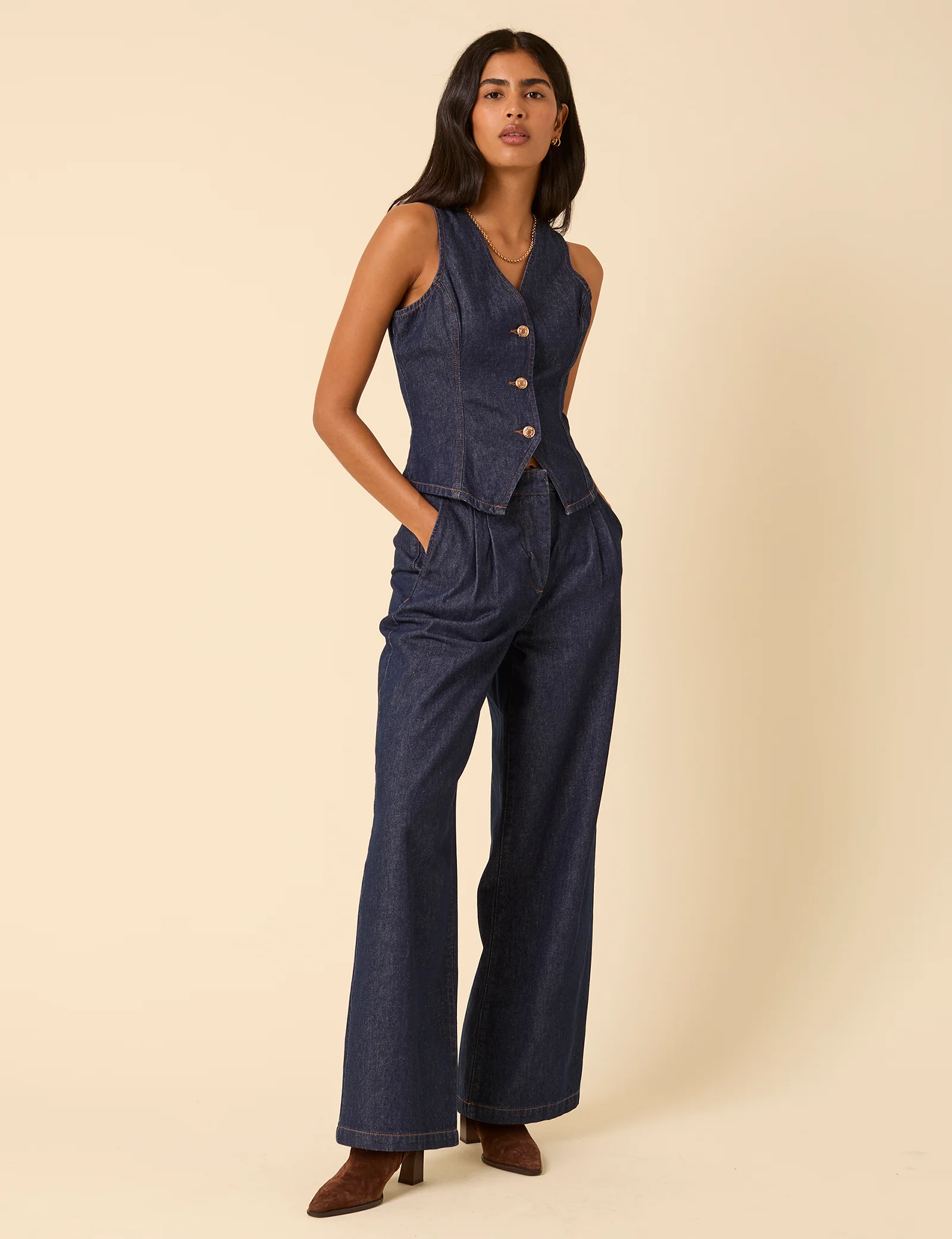 Dark Blue High Rise Pleated Tailored Jeans - Image 3