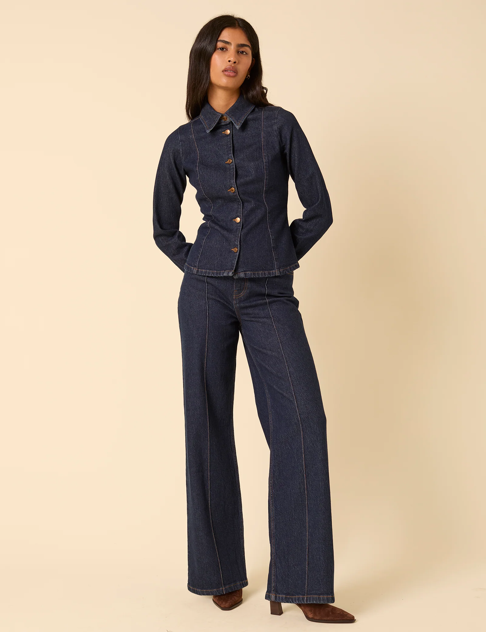 Dark Blue High Rise Stretch Wide Leg Jeans