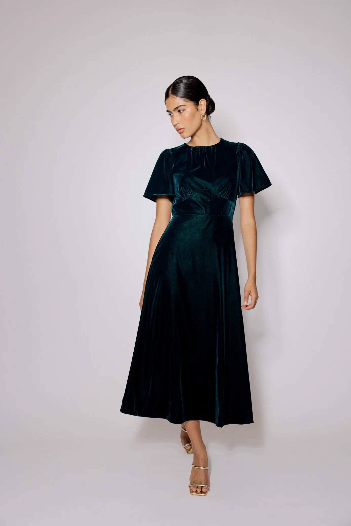 Dark Green Velvet A-Line Allegra Midi Dress - Image 5