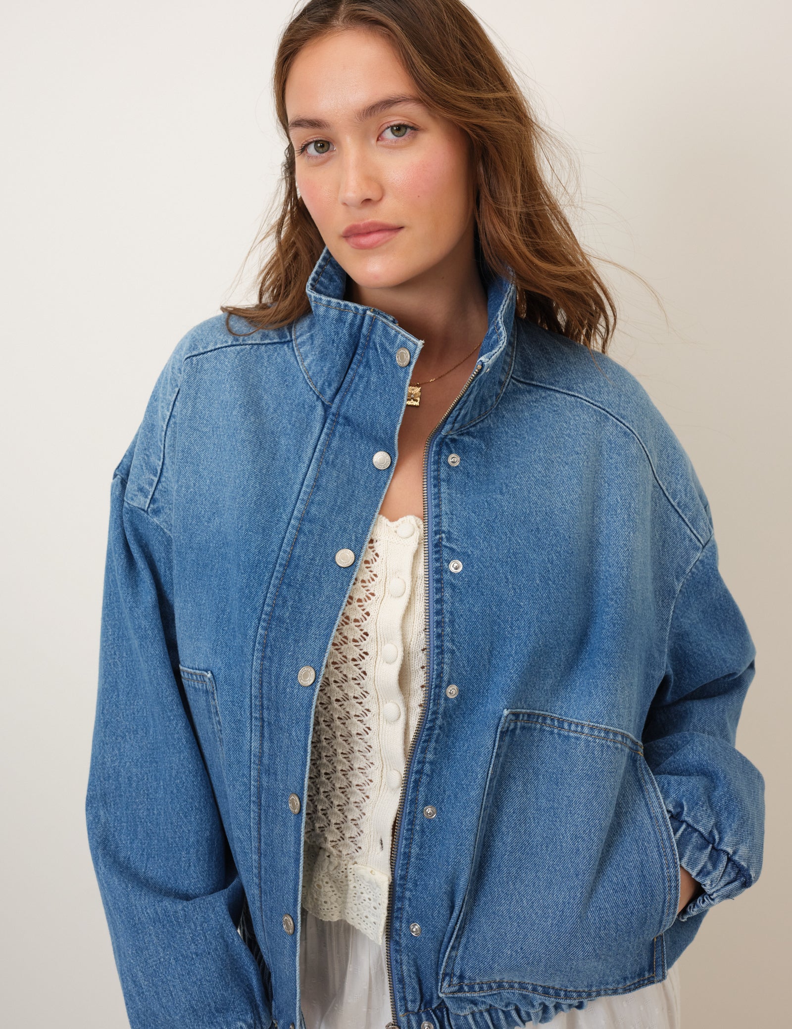 Denim Funnel Neck Bomber Jacket - Image 2