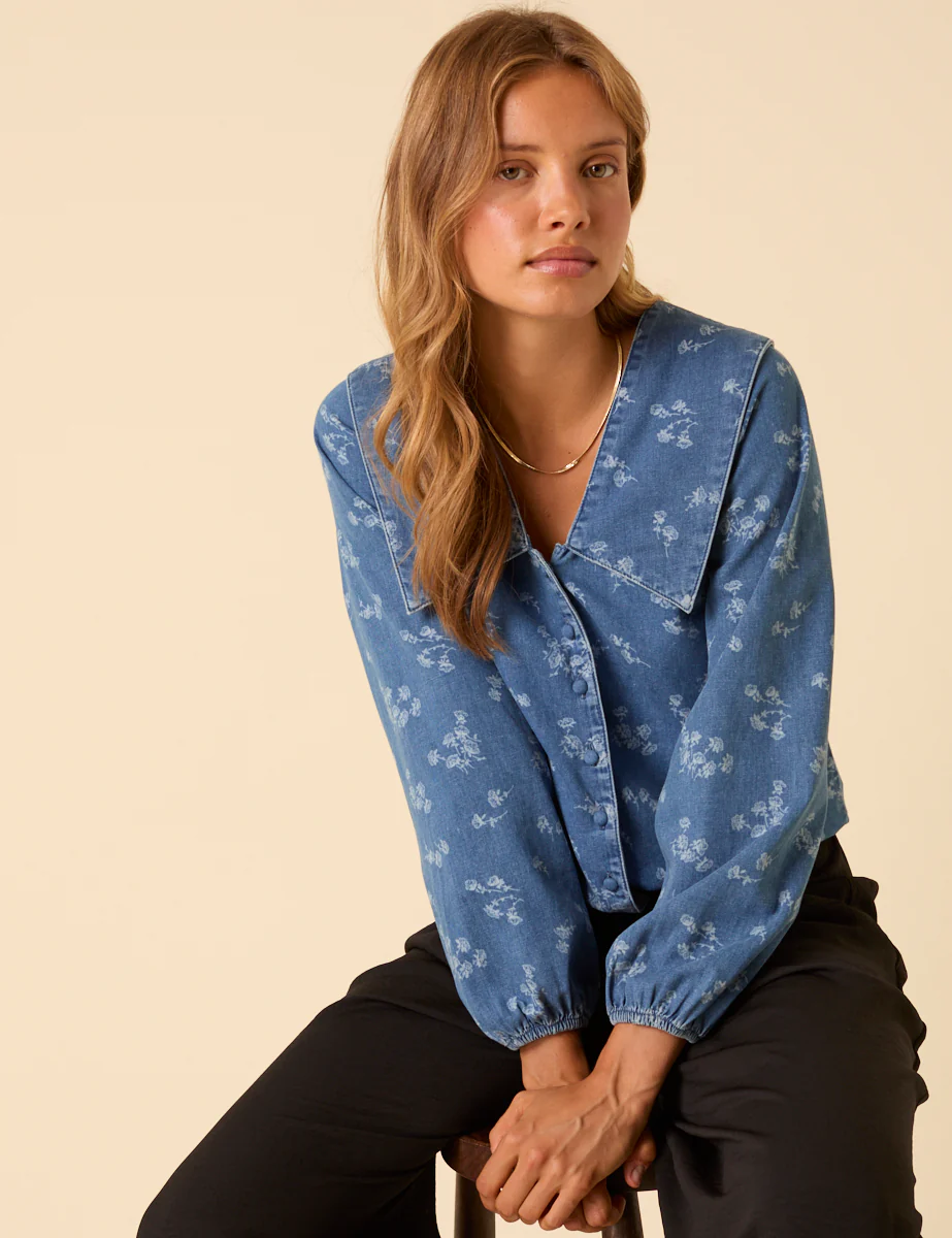Denim Long Sleeve Floral Printed Blouse - Image 2