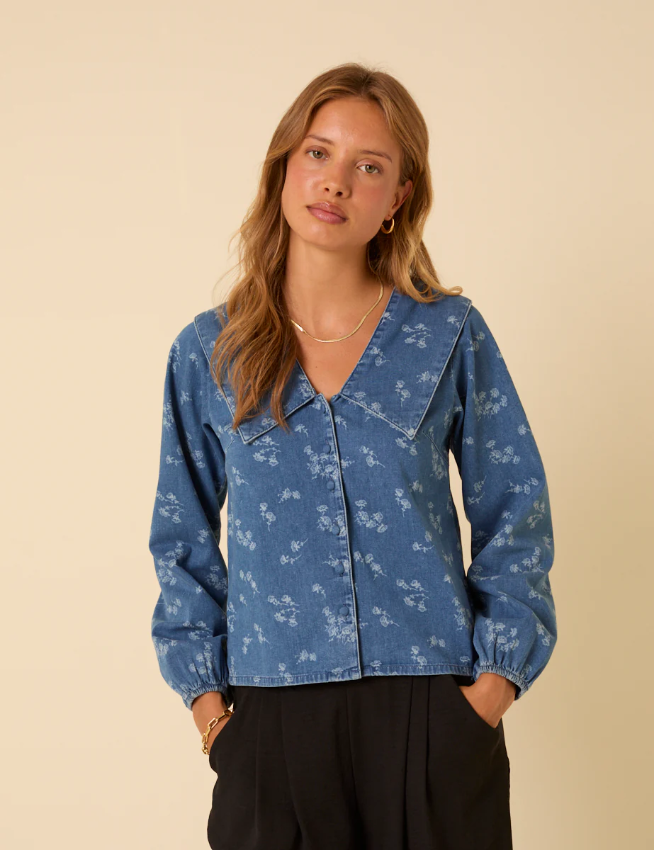Denim Long Sleeve Floral Printed Blouse - Image 4