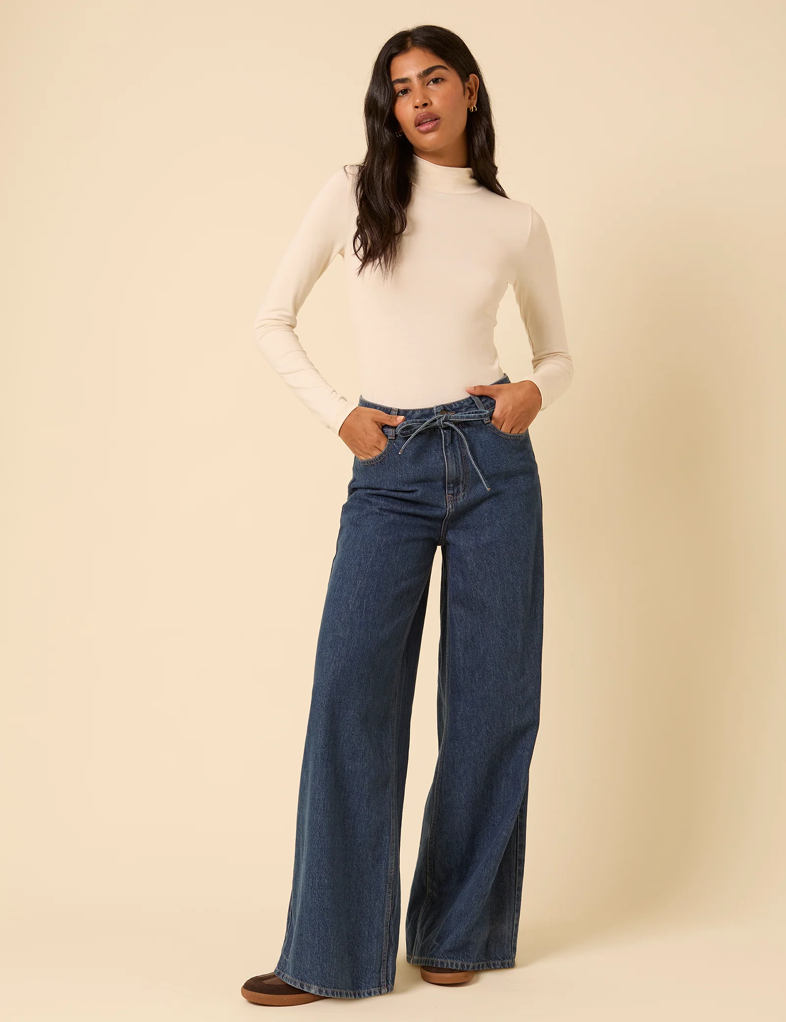 Dark Blue High Rise Tie Waist Wide Leg Jeans - Image 2