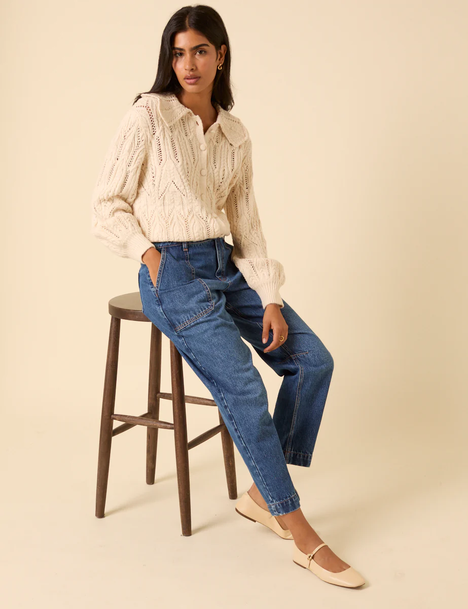 Blue Mid Rise Utility Barrel Leg Jeans - Image 3