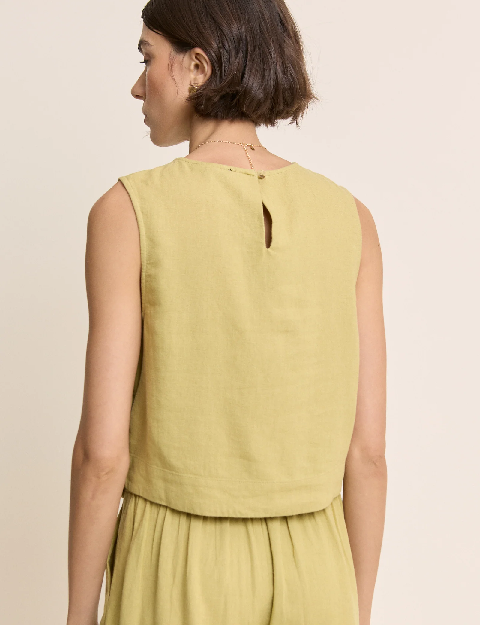 Green Linen-Blend Button Side Crop Top - Image 4