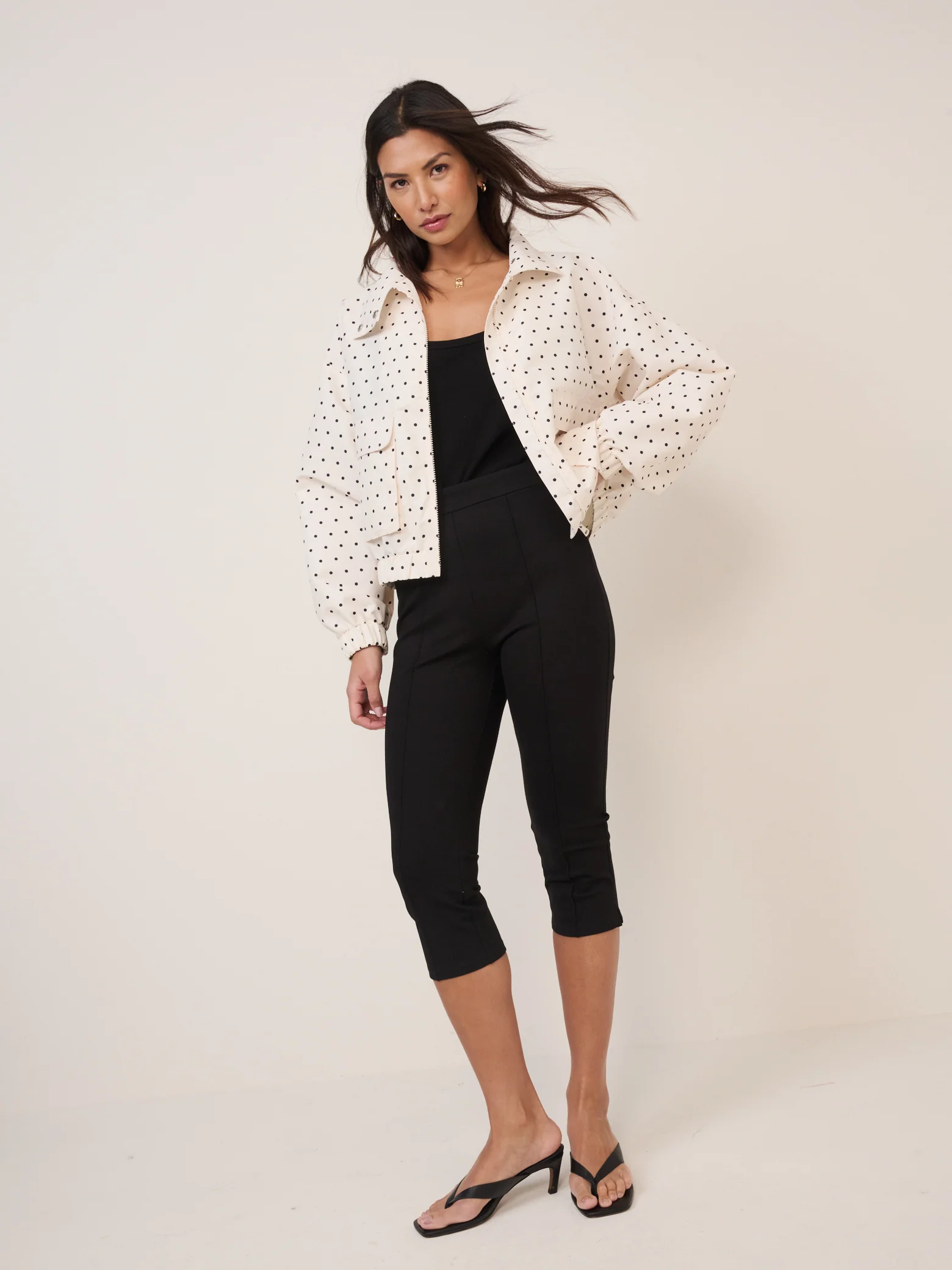 White Polka Dot Funnel Neck Windbreaker Jacket - Image 4