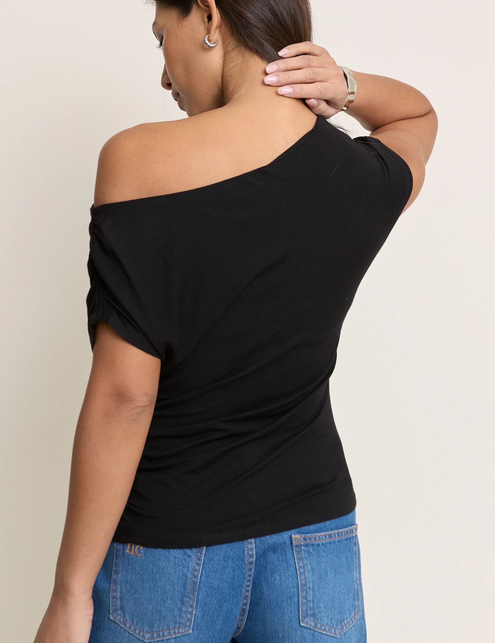 Black Draped Off Shoulder Jersey Top - Image 5