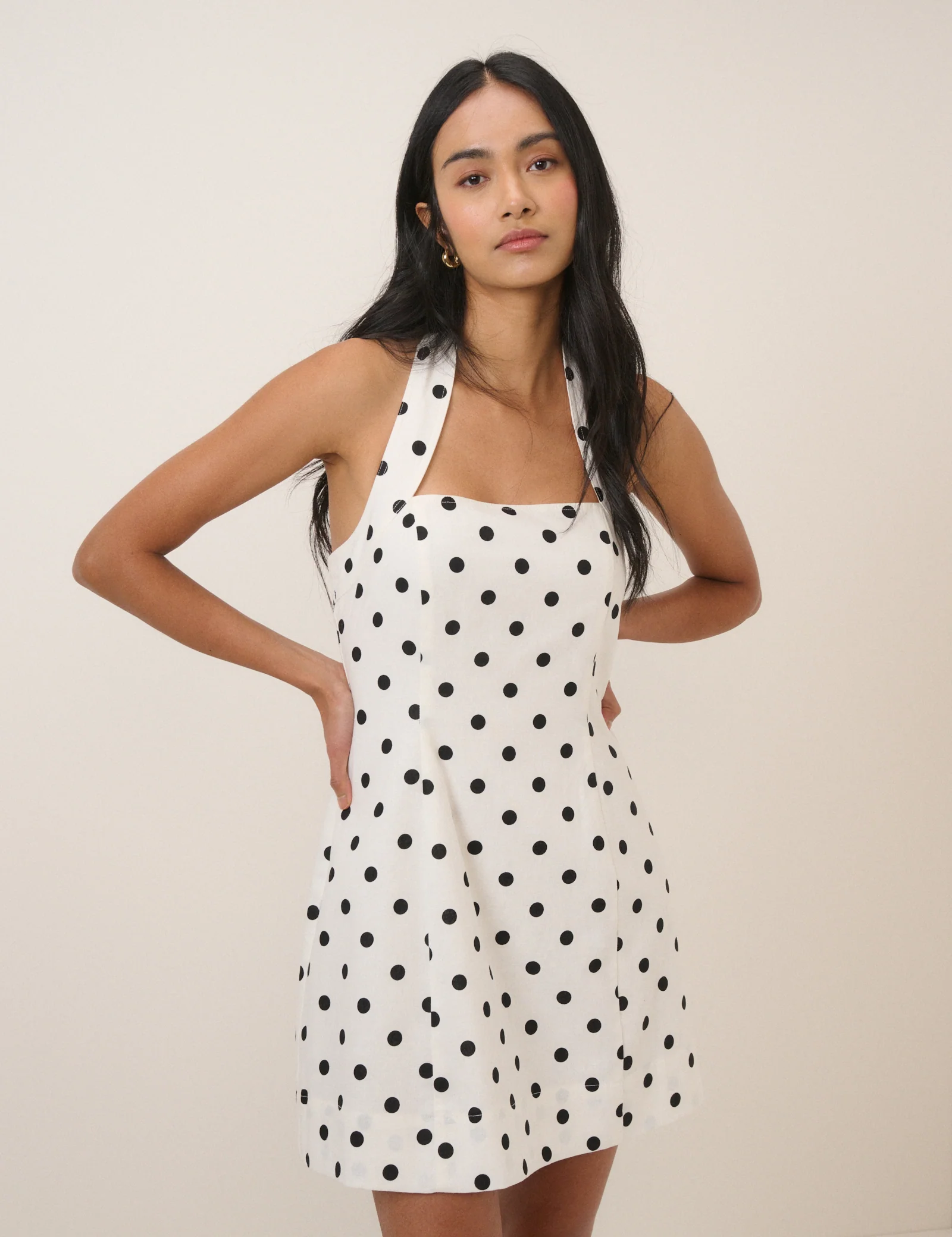 White Polka Dot Linen-Blend Emily Mini Dress - Image 4