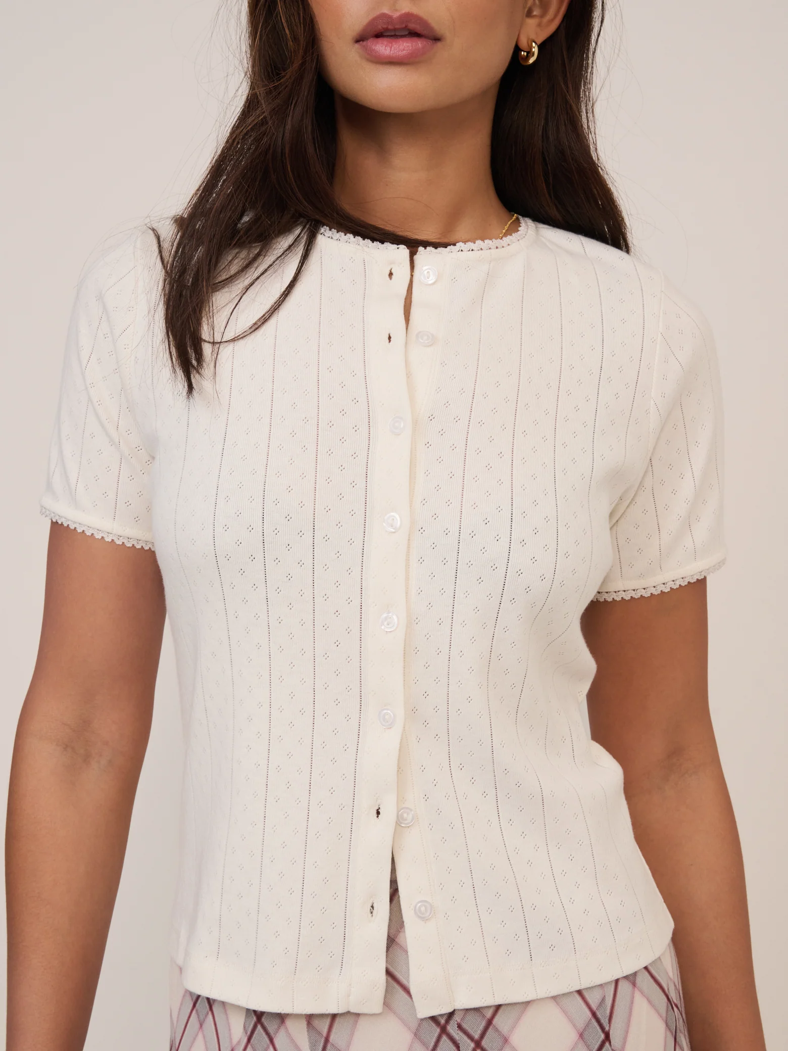 White Pointelle Short Sleeve Top - Image 4