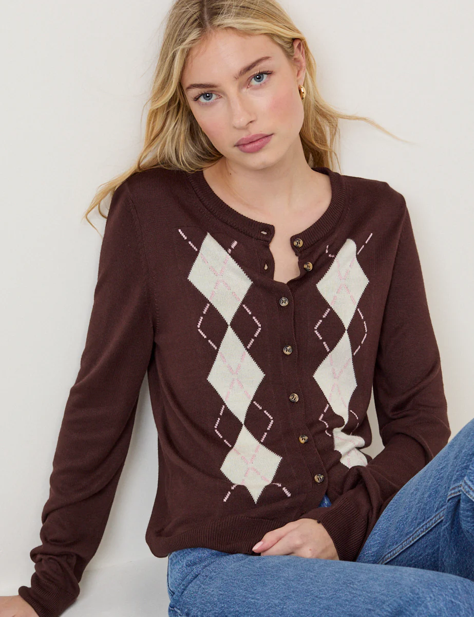 Brown Argyle Print Cardigan - Image 4